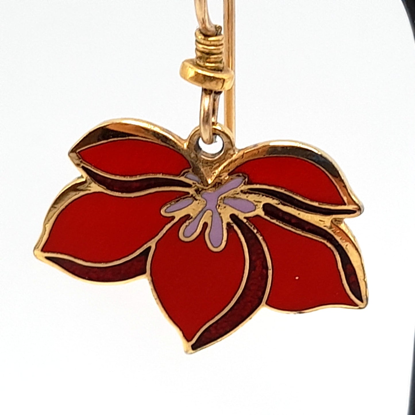 Vintage Laurel Burch "Pear Blossom" Earrings, Gold Plated, Red Enamel