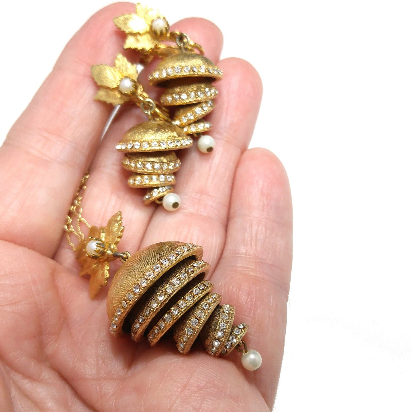 Vendome Articulated Floral Pendant Necklace & Earrings, Pave Rhinestones, Faux Pearls, 1960s Vintage Jewelry