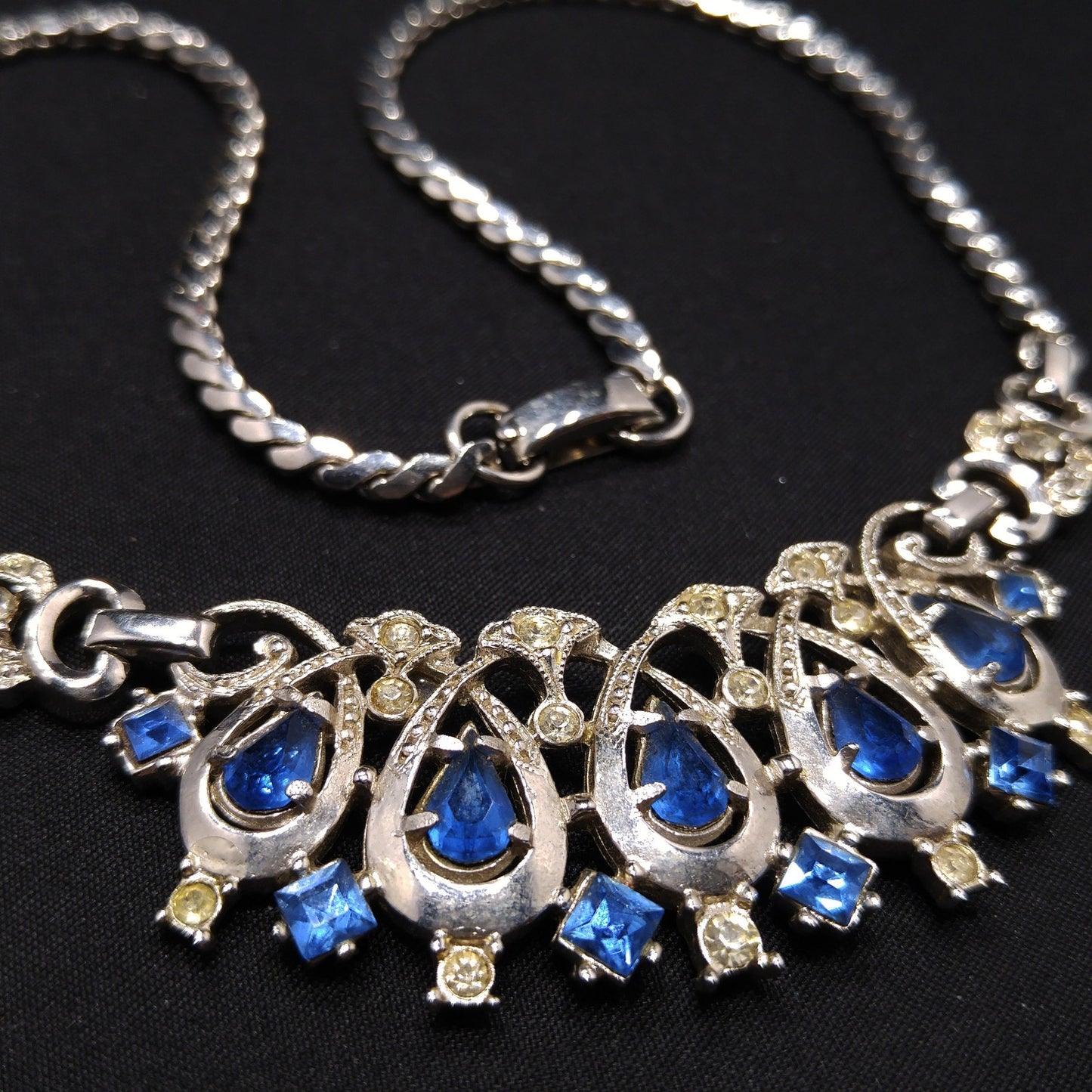 Lustern Blue Rhinestone Silver Tone Necklace, Louis Stern Gold Plated, 1940s Vintage Jewelry