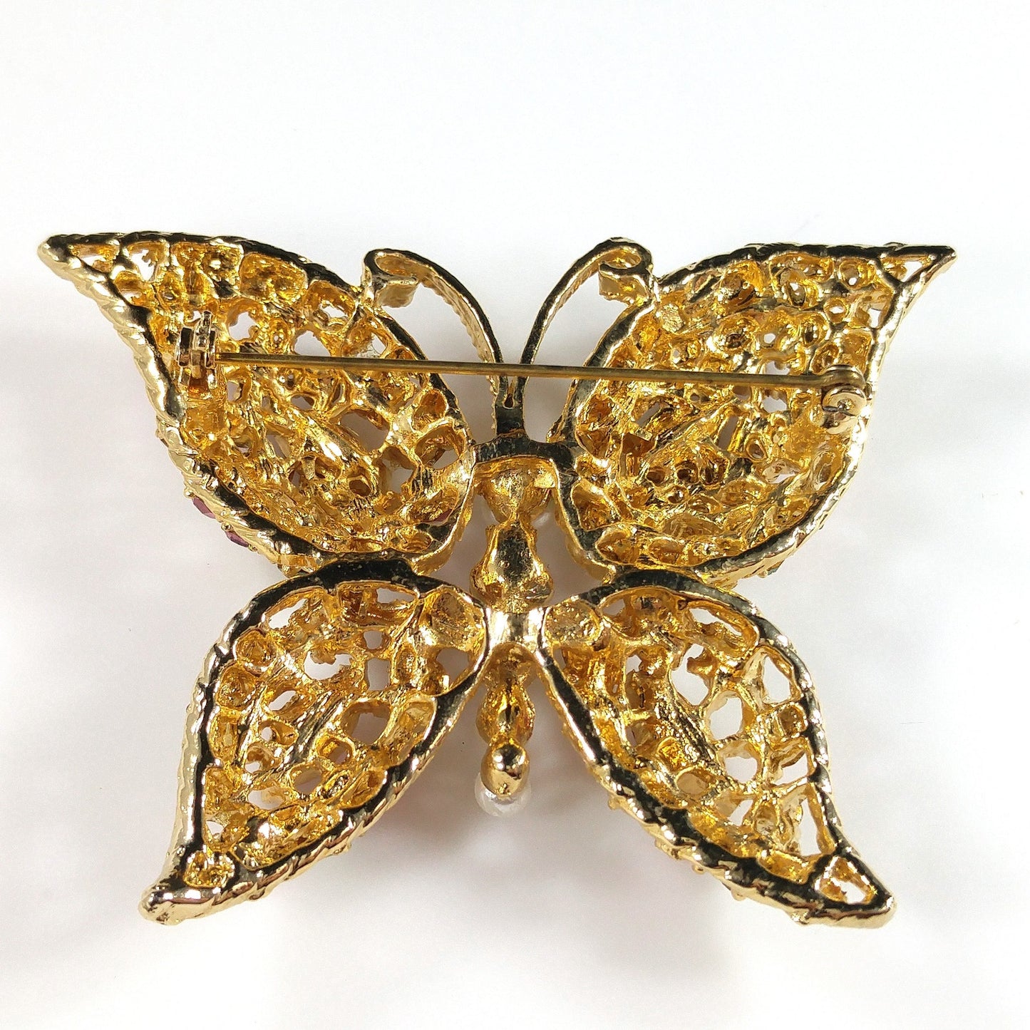 Vintage Pastel Rhinestone Butterfly Brooch, Faux Pearl Body, Uranium Glass, Vintage Jewelry