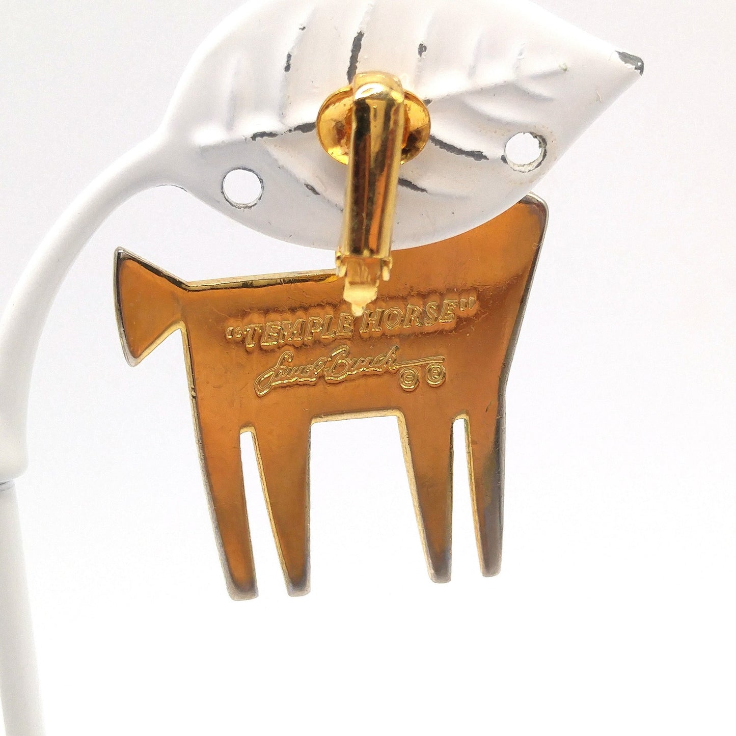 Laurel Burch "Temple Horse" Clip Earrings, Black White Enamel, Gold Plated, 1980s Vintage Jewelry
