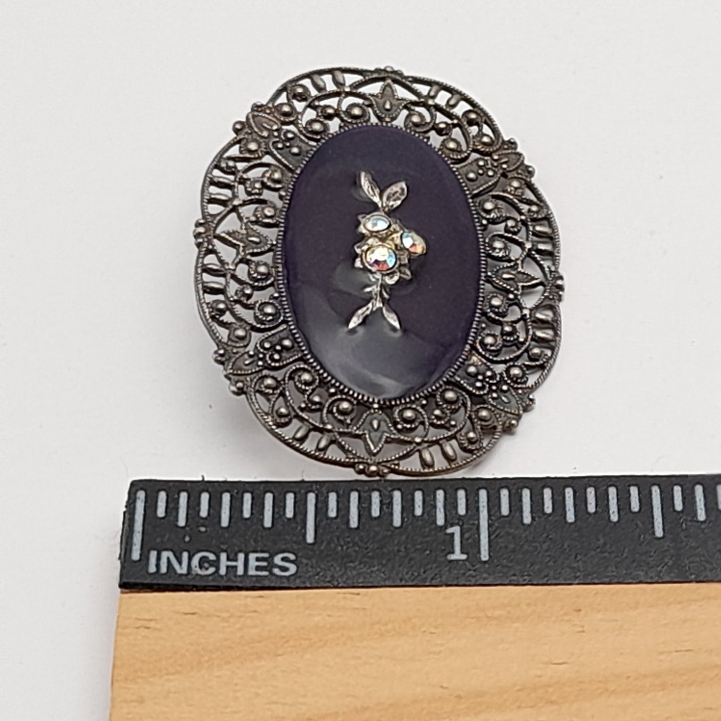 Vintage Catherine Popesco Art Deco Black Enamel AB Rhinestones Brooch