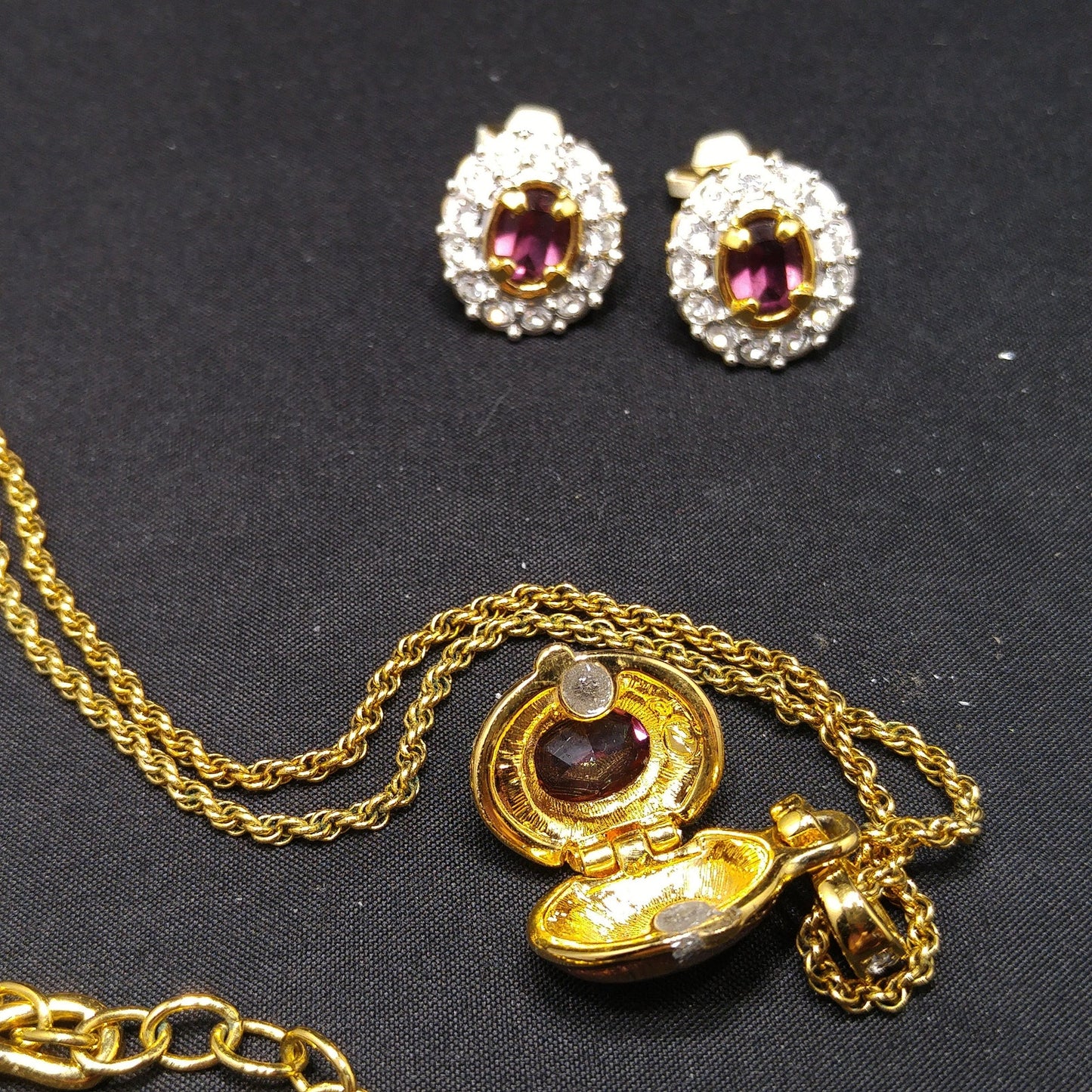Vintage Swarovski Swan Logo Purple Crystal Locket Necklace & Earrings Set 1990s