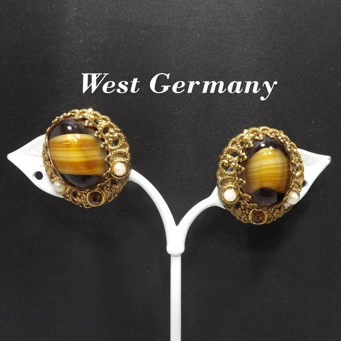 West Germany Art Glass Clip Earrings, Filigree Background, 1950s Vintage Jewelry
