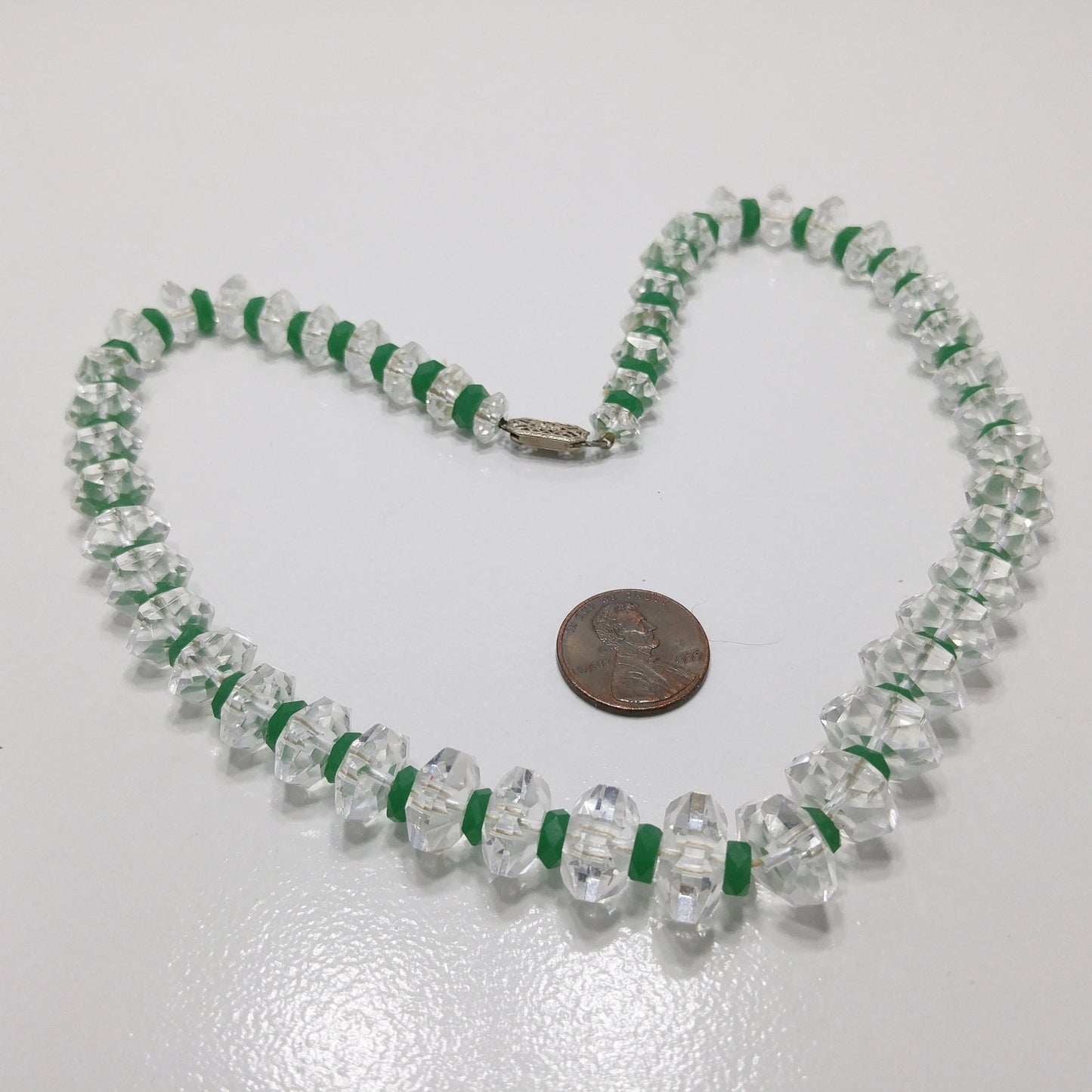Art Deco Clear Quartz Beaded Necklace, Green Glass Spacer Beads, 1920s, 14KGF
