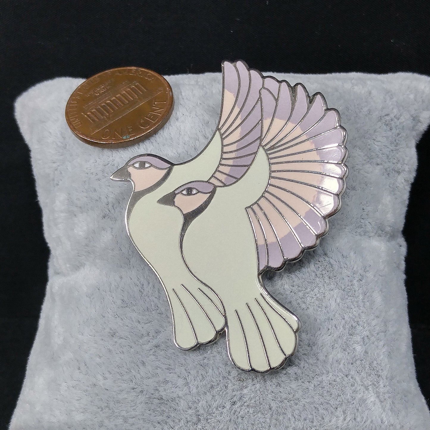 Vintage Laurel Burch "Hummingbirds" Pendant Brooch, White Gold Cloisonne, 1980s