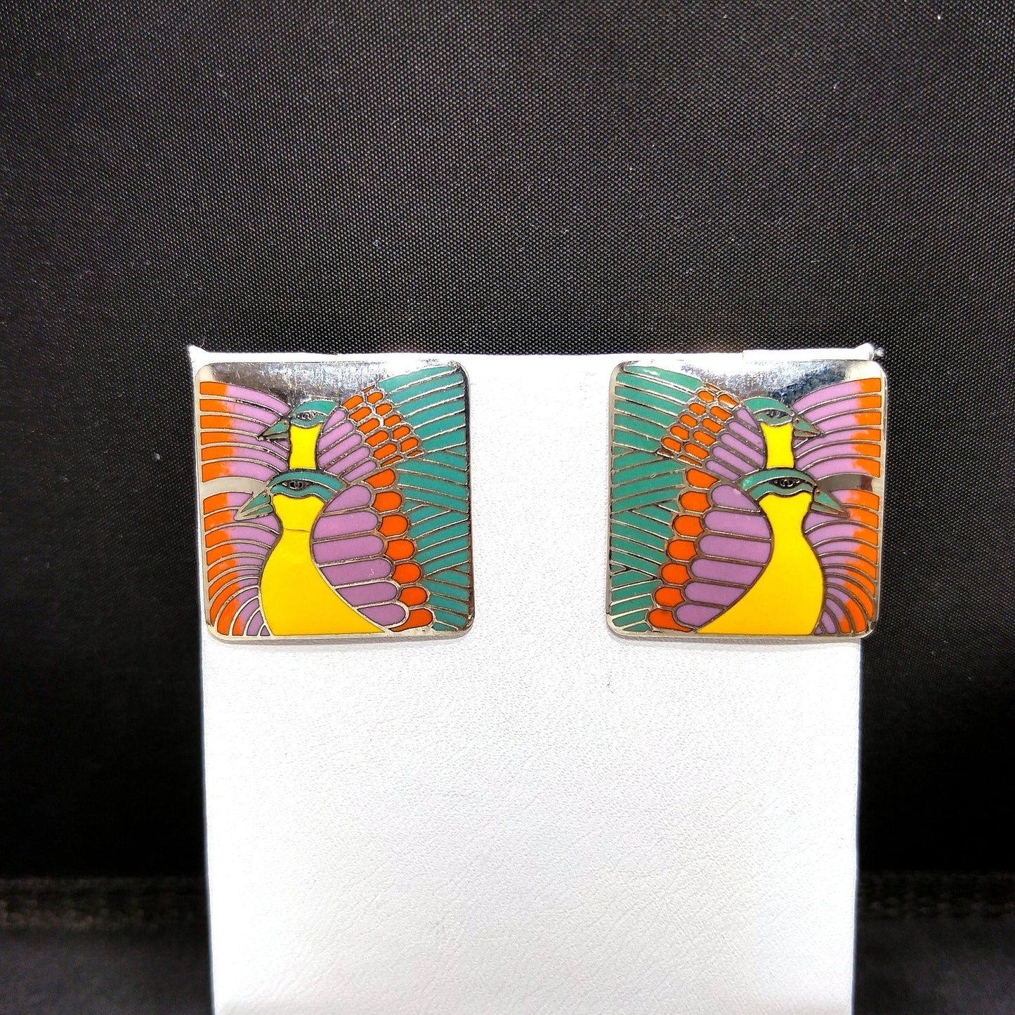 Vintage Laurel Burch "Moondoves" Post Earrings, Rhodium Plated, 1980s