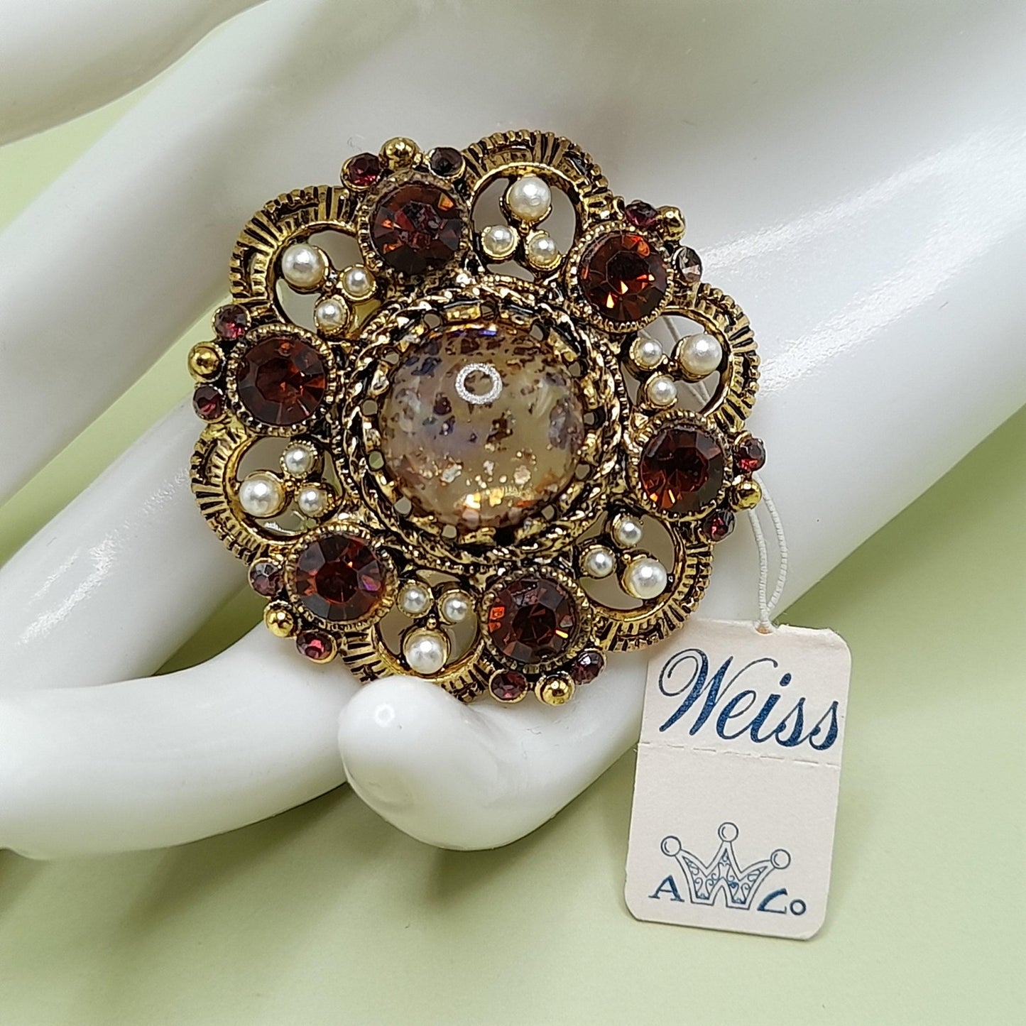 Vintage Weiss Fire Opal Dragons Breath Topaz Brooch Pendant, Faux Pearls, 1960s
