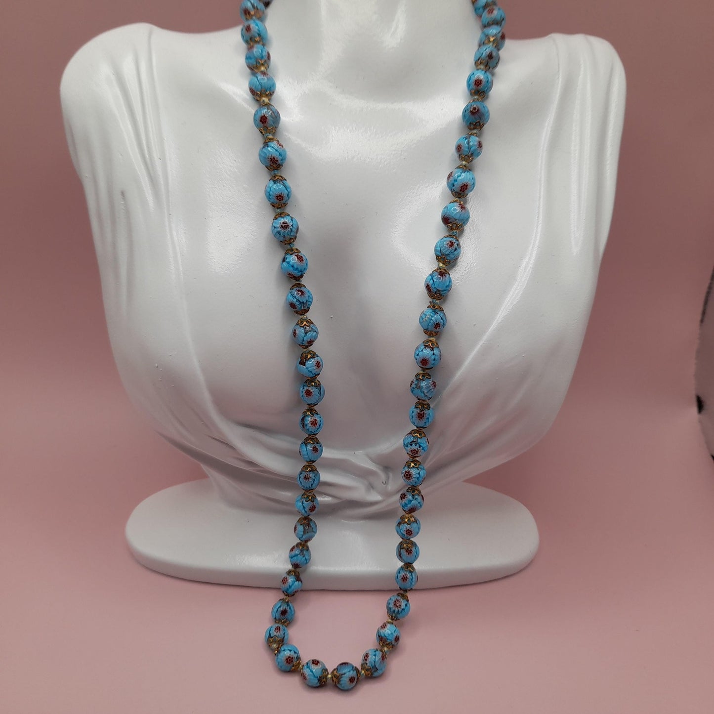 Vintage Murano Glass Floral Bead Necklace, 24 Inches, Hand-knotted, 1950s