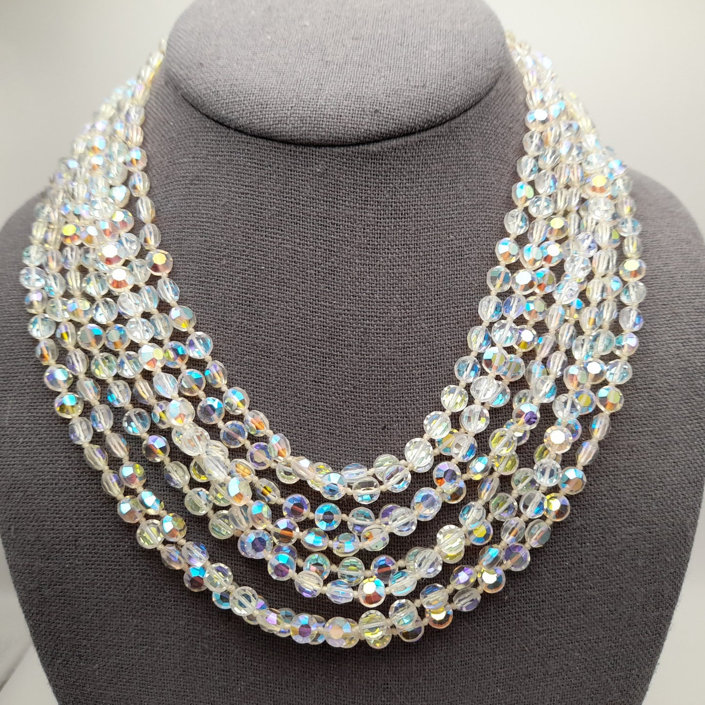 Vintage Flat Crystal Eight Strand Necklace, Hand-knotted, Aurora Borealis