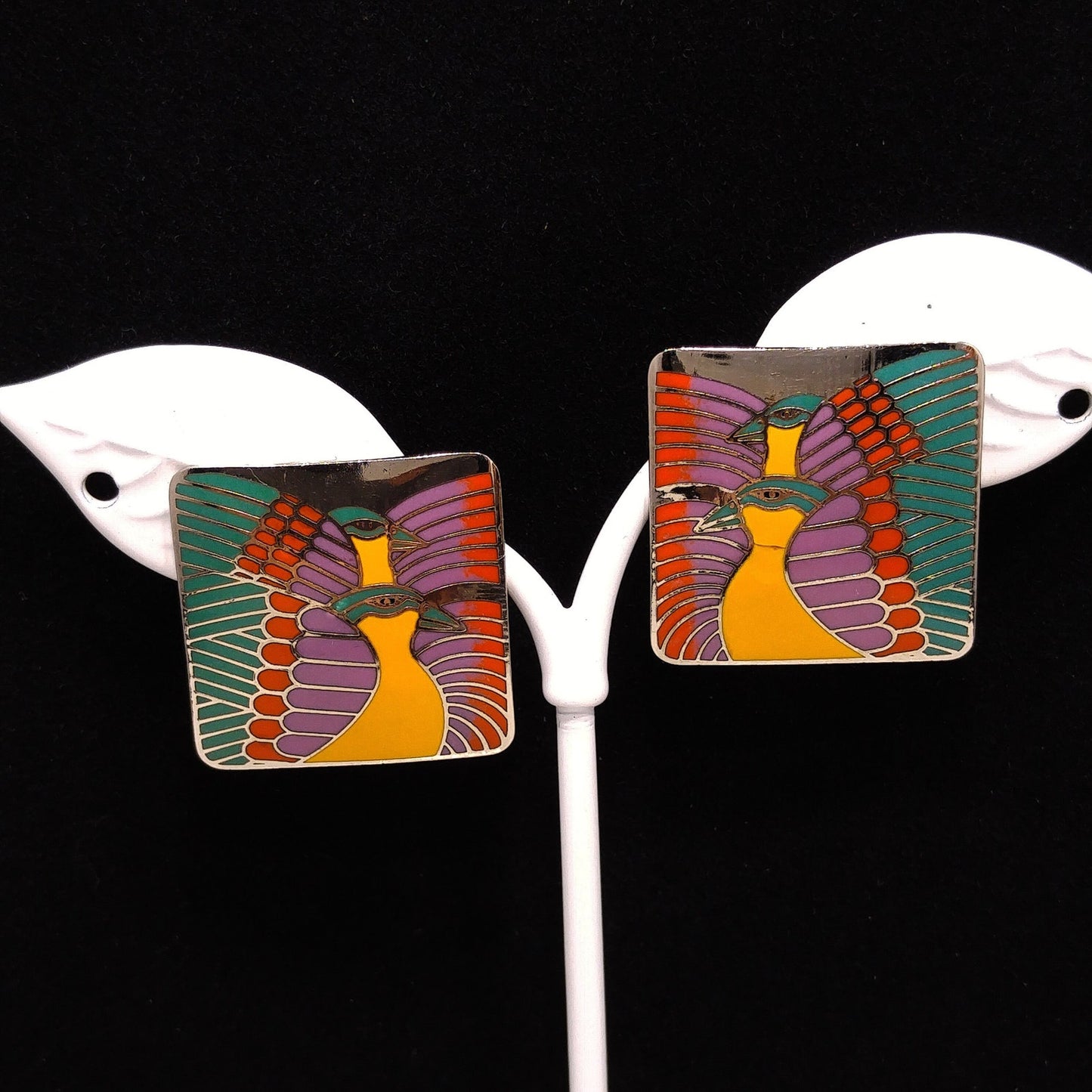 Vintage Laurel Burch "Moondoves" Post Earrings, Rhodium Plated, 1980s