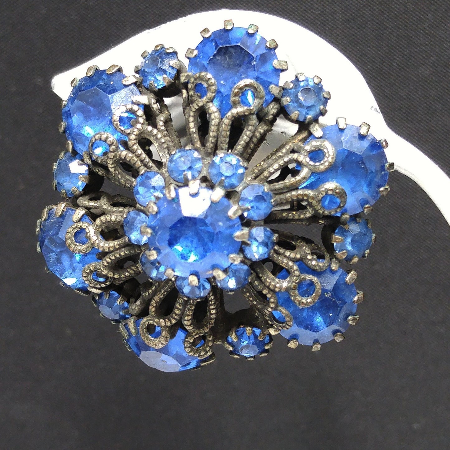 Vendome Blue Rhinestone Floral Clip Earrings, Antiqued Silver Tone, 1950s Vintage Jewelry