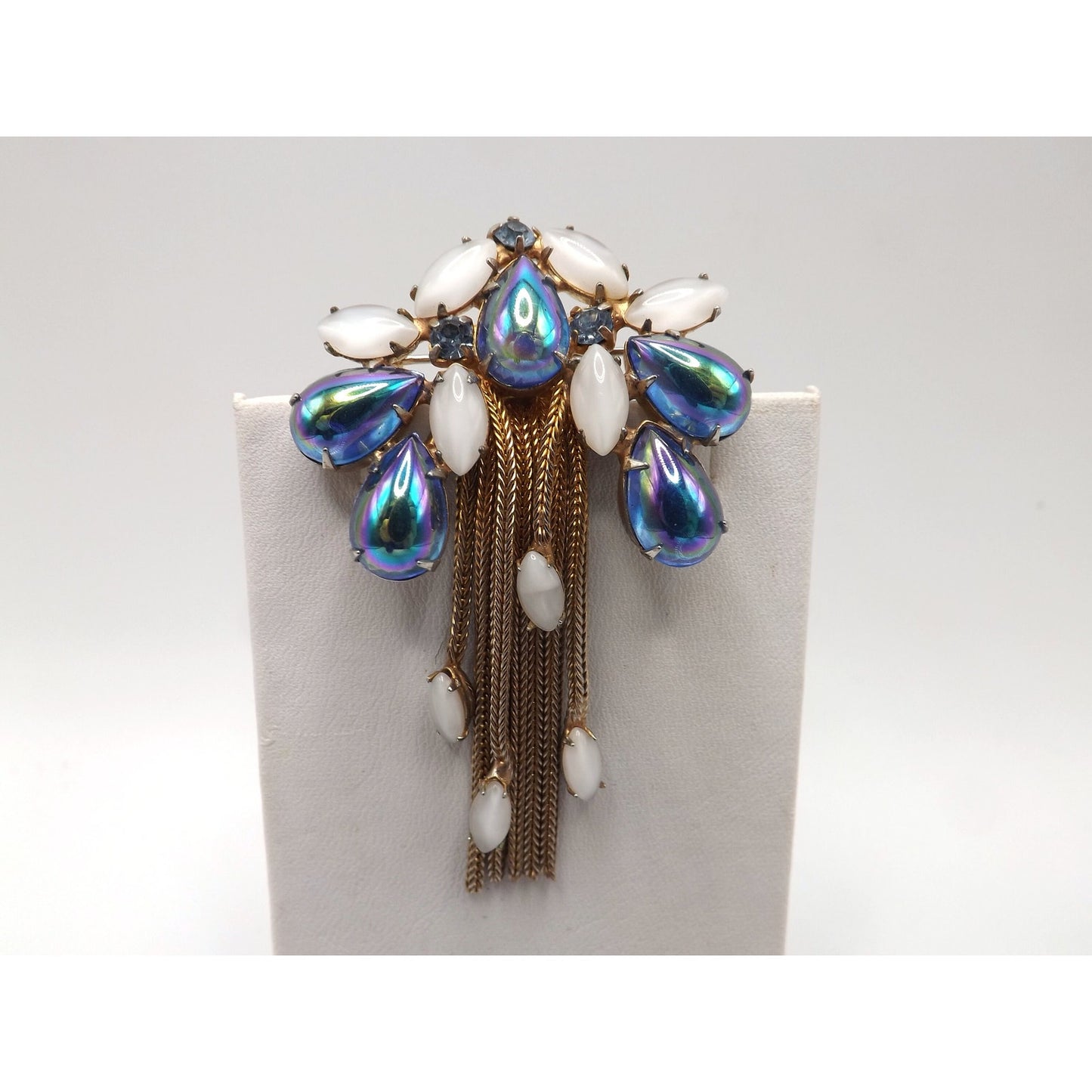 Iridescent Blue Gold Plated Fringe Brooch, White Art Glass Stones, 1960s Vintage Jewelry
