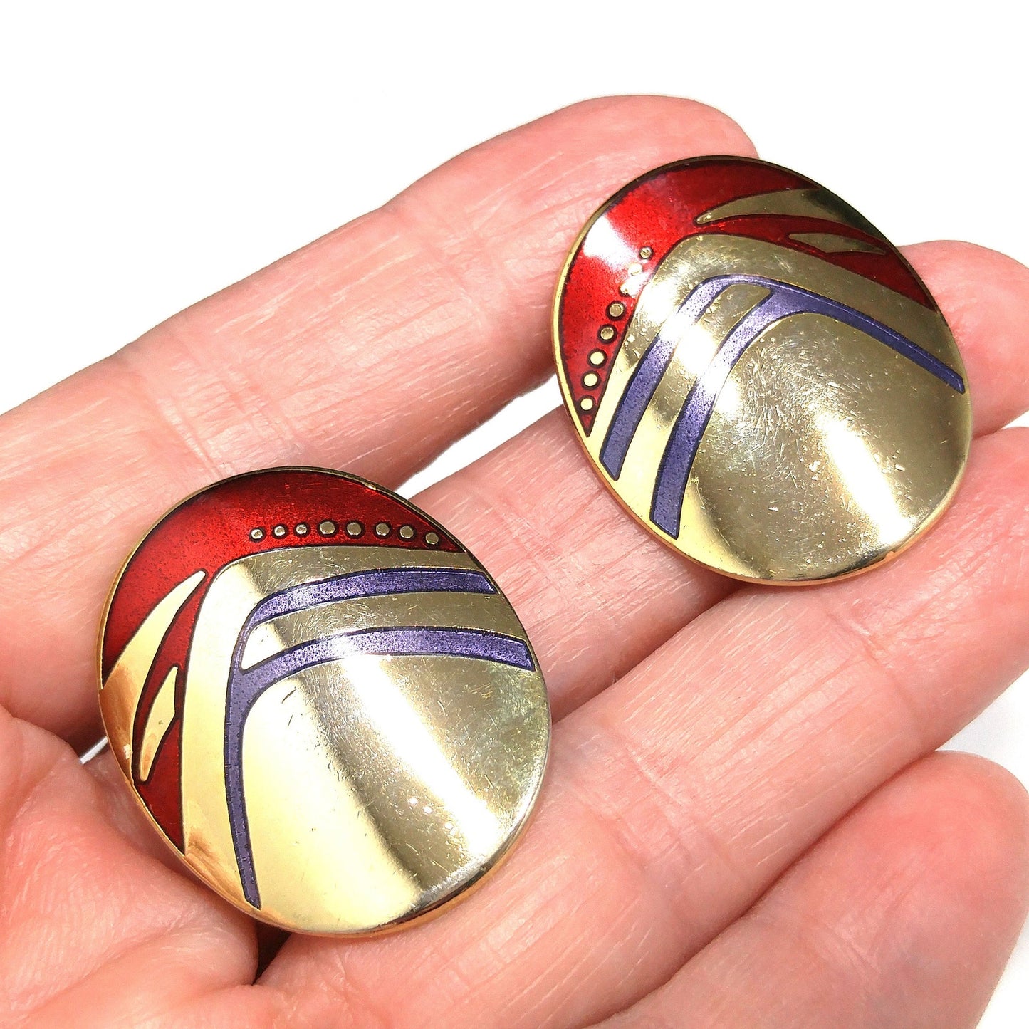 Laurel Burch Metallic Red & Purple Earrings, Gold Plated, 1980s Vintage