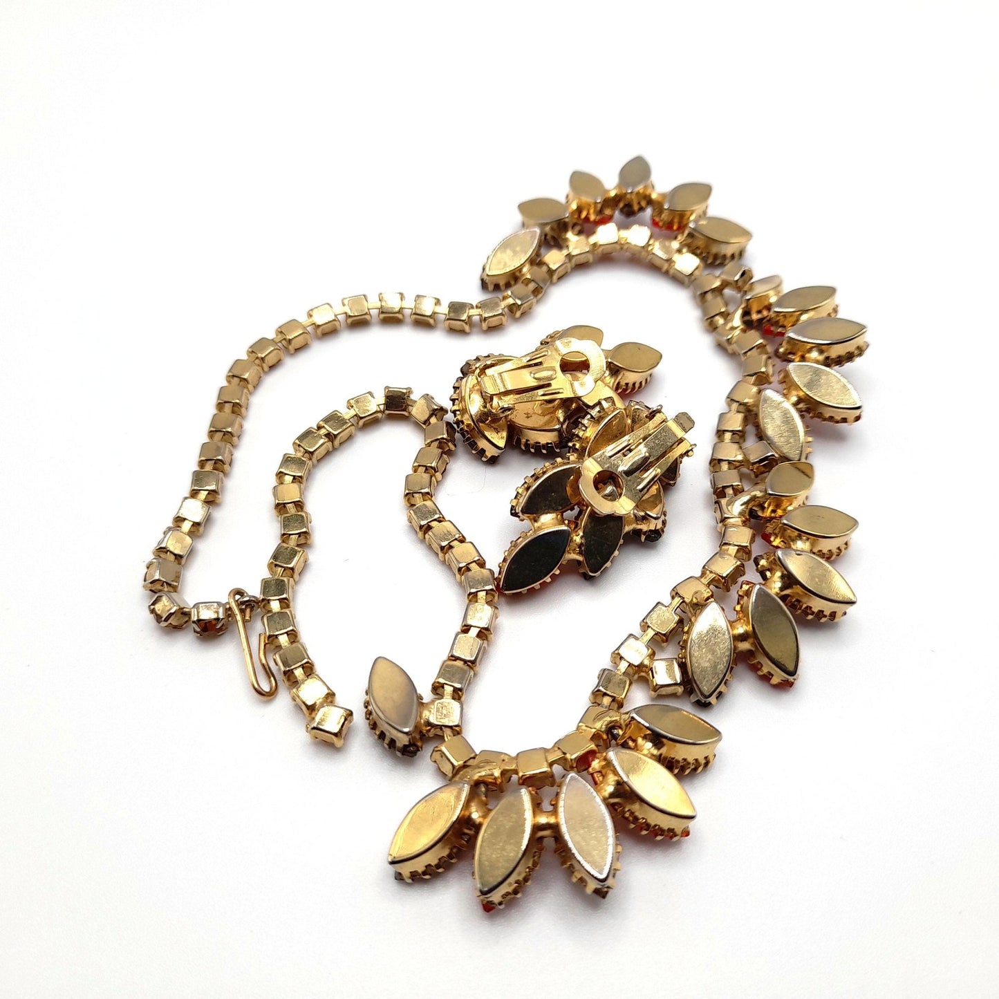 Vintage Orange Topaz Rhinestone Necklace Earrings Set, Gold Plated, 1960s