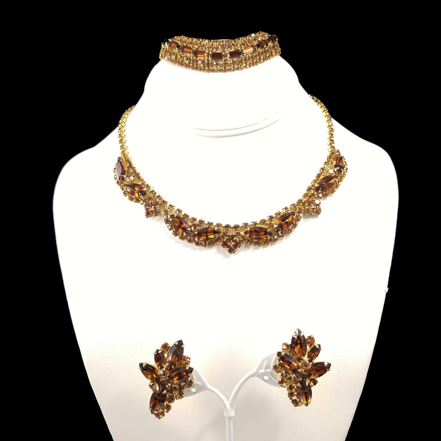Vintage Rhinestone Jewelry Set: Necklace Bracelet Earrings, 1960s