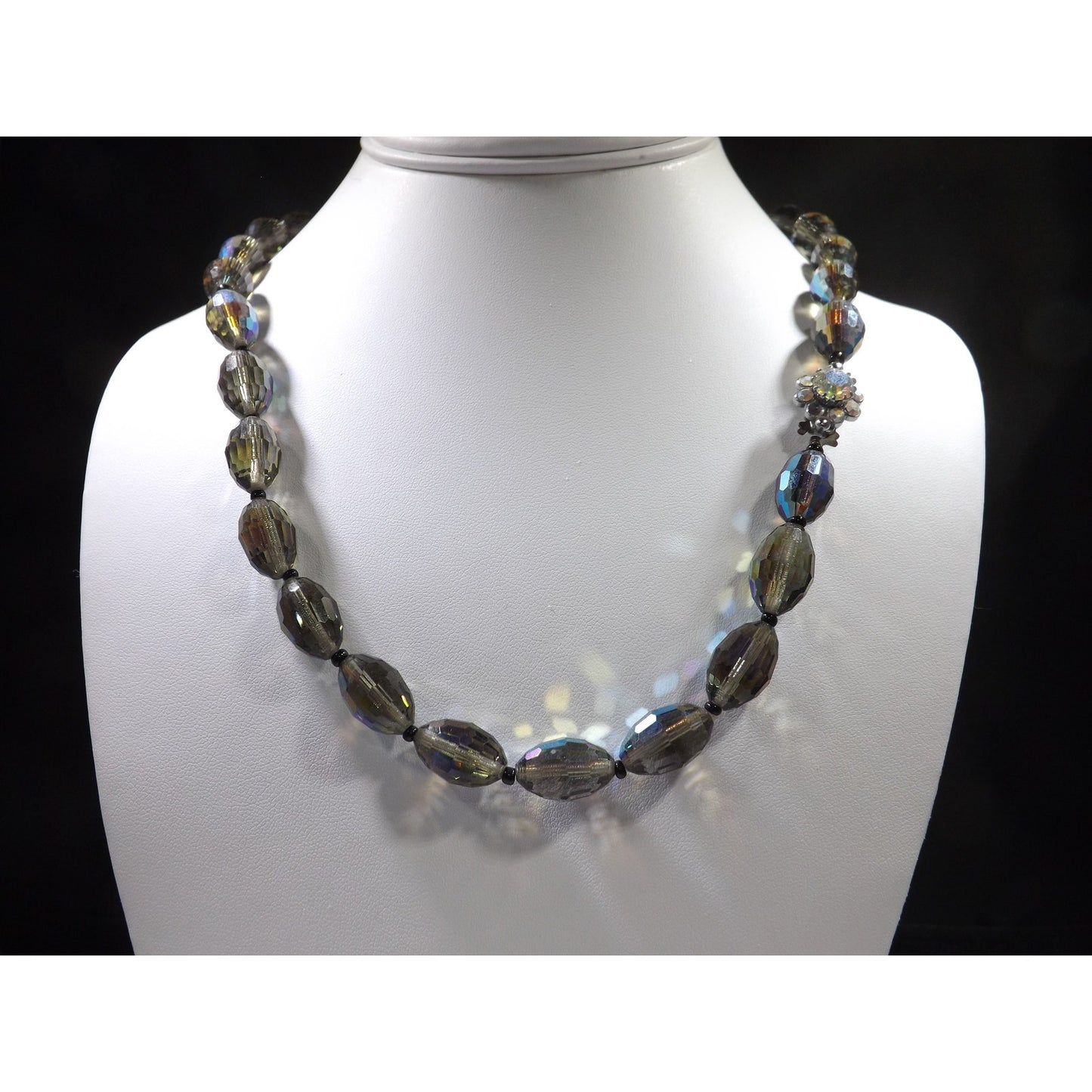 Vintage Chess Oval Aurora Borealis Crystal Beaded Necklace, Rhinestone Clasp, 1960s Vintage Jewelry