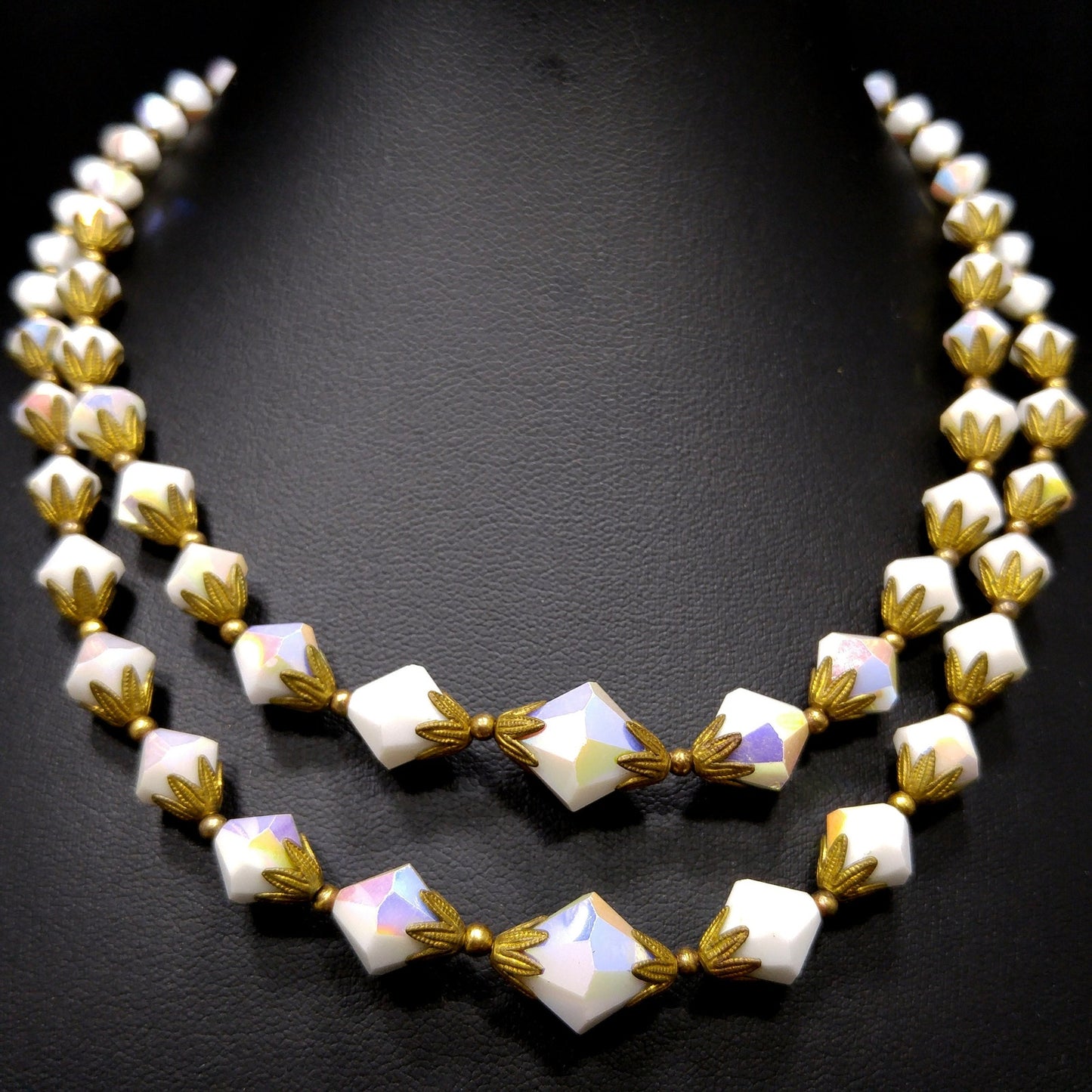 White Crystal Fire Polished Two Strand Necklace, Golden Brass End Caps, 1950s Vintage Jewelry