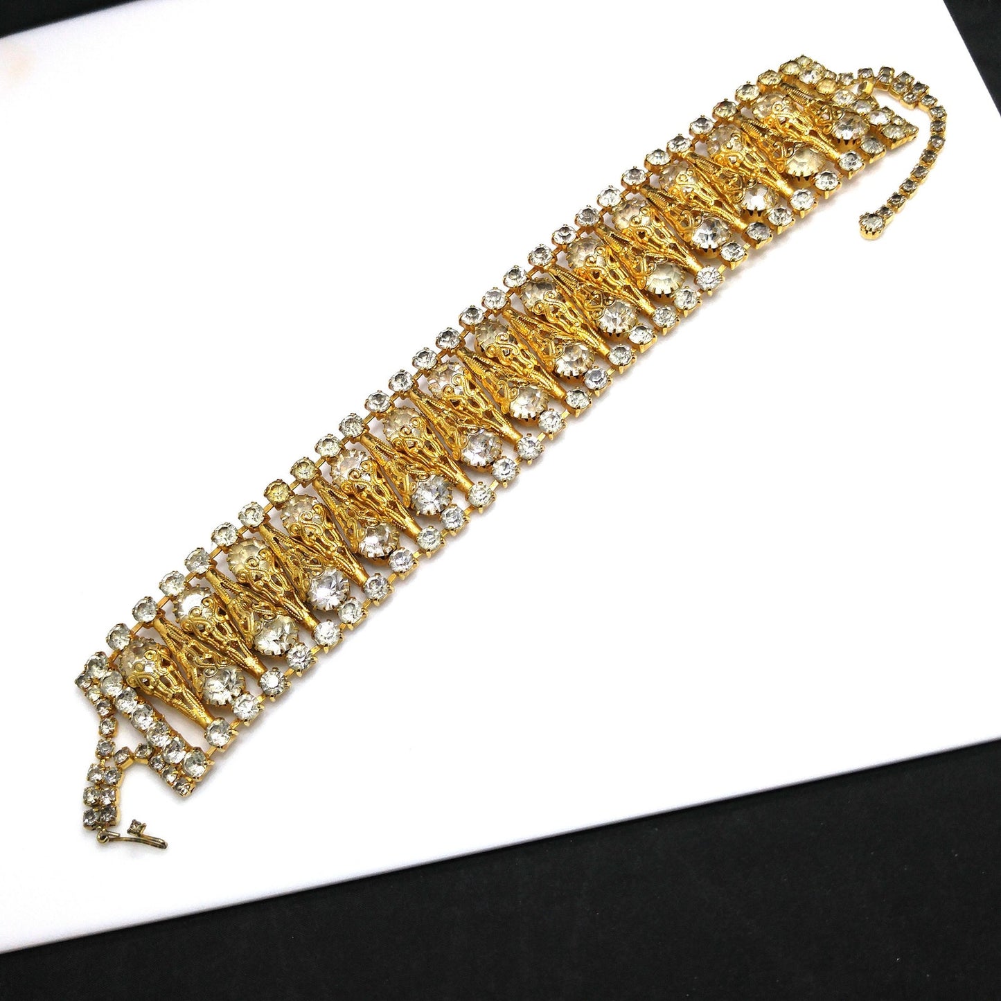 Vintage Filigree Cone Wide Choker Necklace, Gray Crystal Rhinestones, 1960s Vintage Jewelry