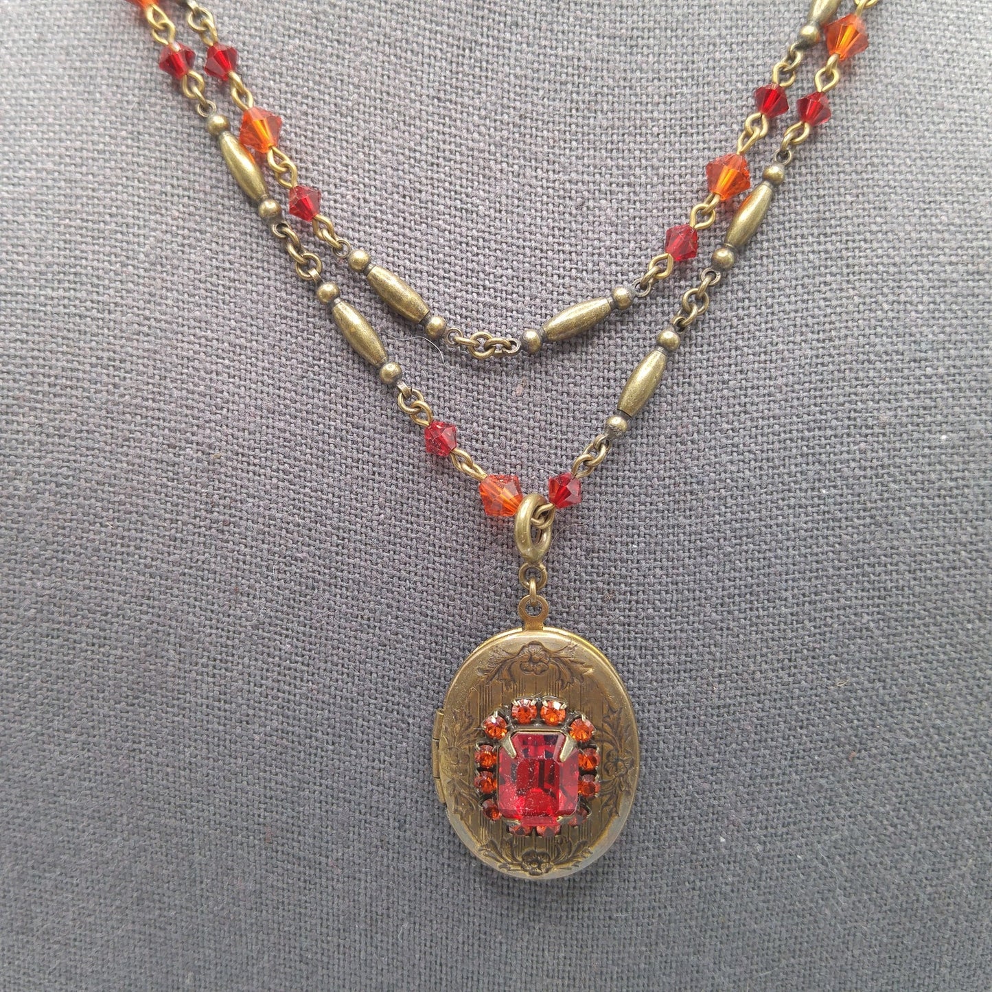 Vintage Liz Palacios SF Necklace – Red Pink Rhinestone Locket Pendant, 2 Strand