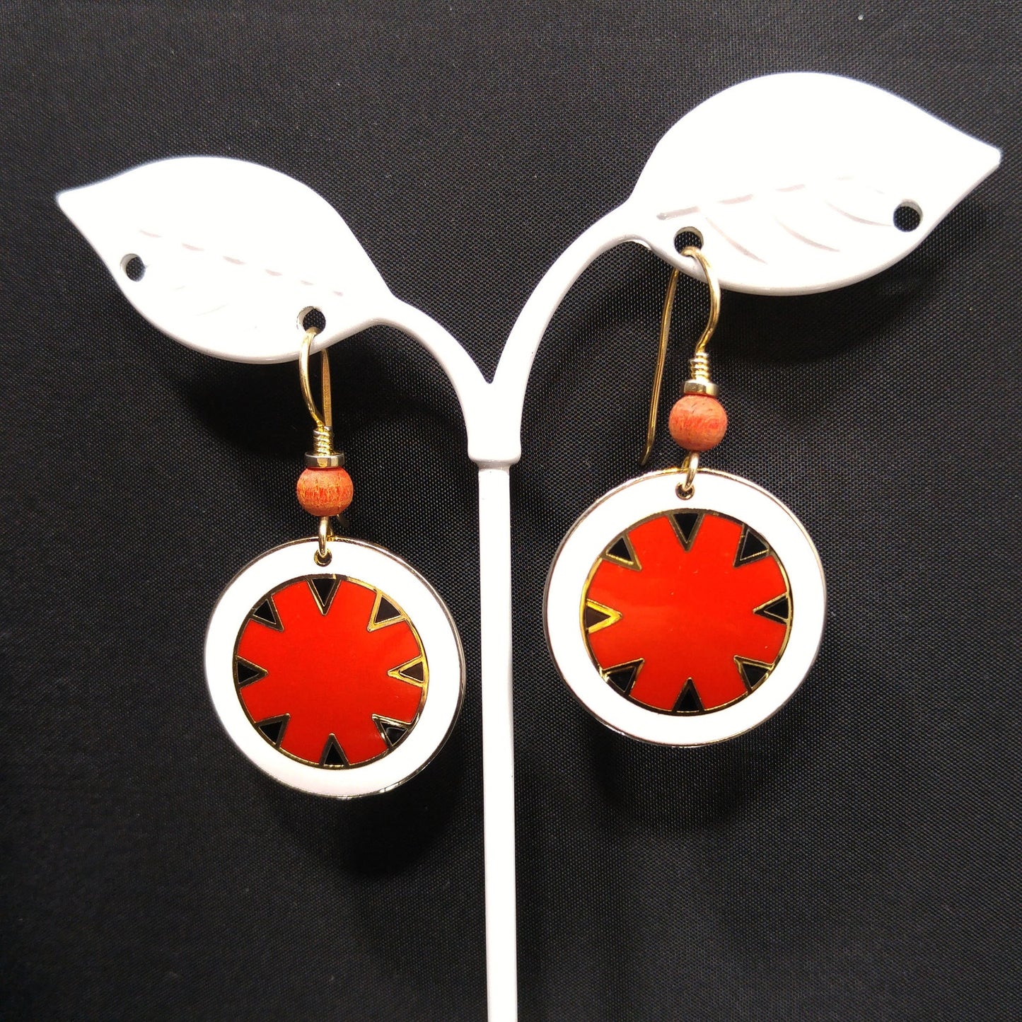 Vintage Laurel Burch "Myth" Earrings, Gold Plated Cloisonne, Red White Black