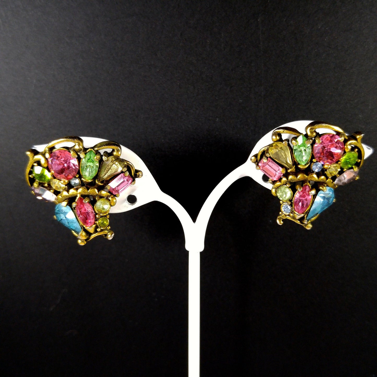 Hollycraft 1953 Pastel Rhinestone Earrings, Mid-Century Screw Backs, 1950s Vintage Jewelry