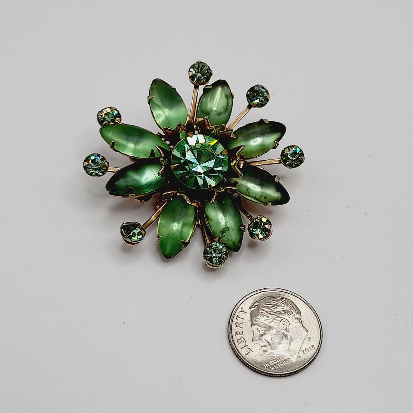 Vintage 1950s Uranium Glass Green Rhinestone Brooch Gold Filigree 1.75”