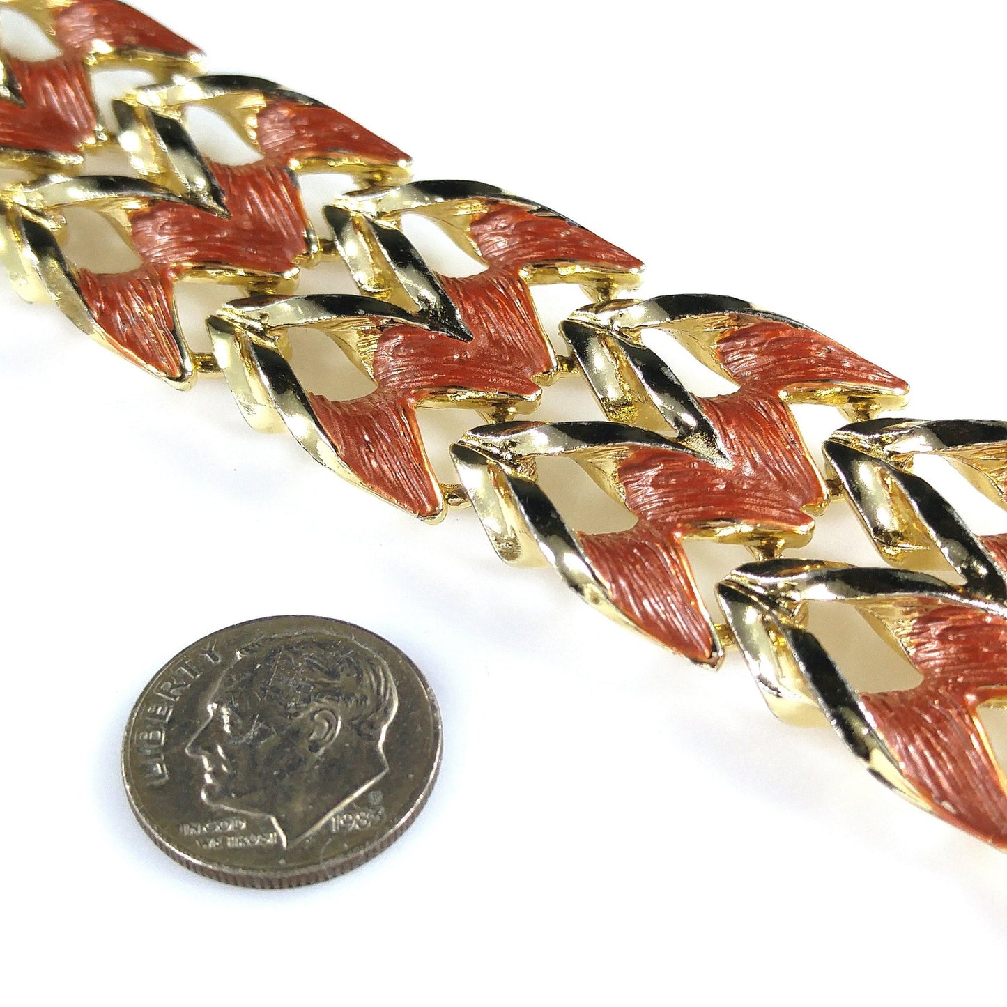 Rust Enamel Gold Plated Wide Link Bracelet, Mid Century Modern, 1950s Vintage Jewelry