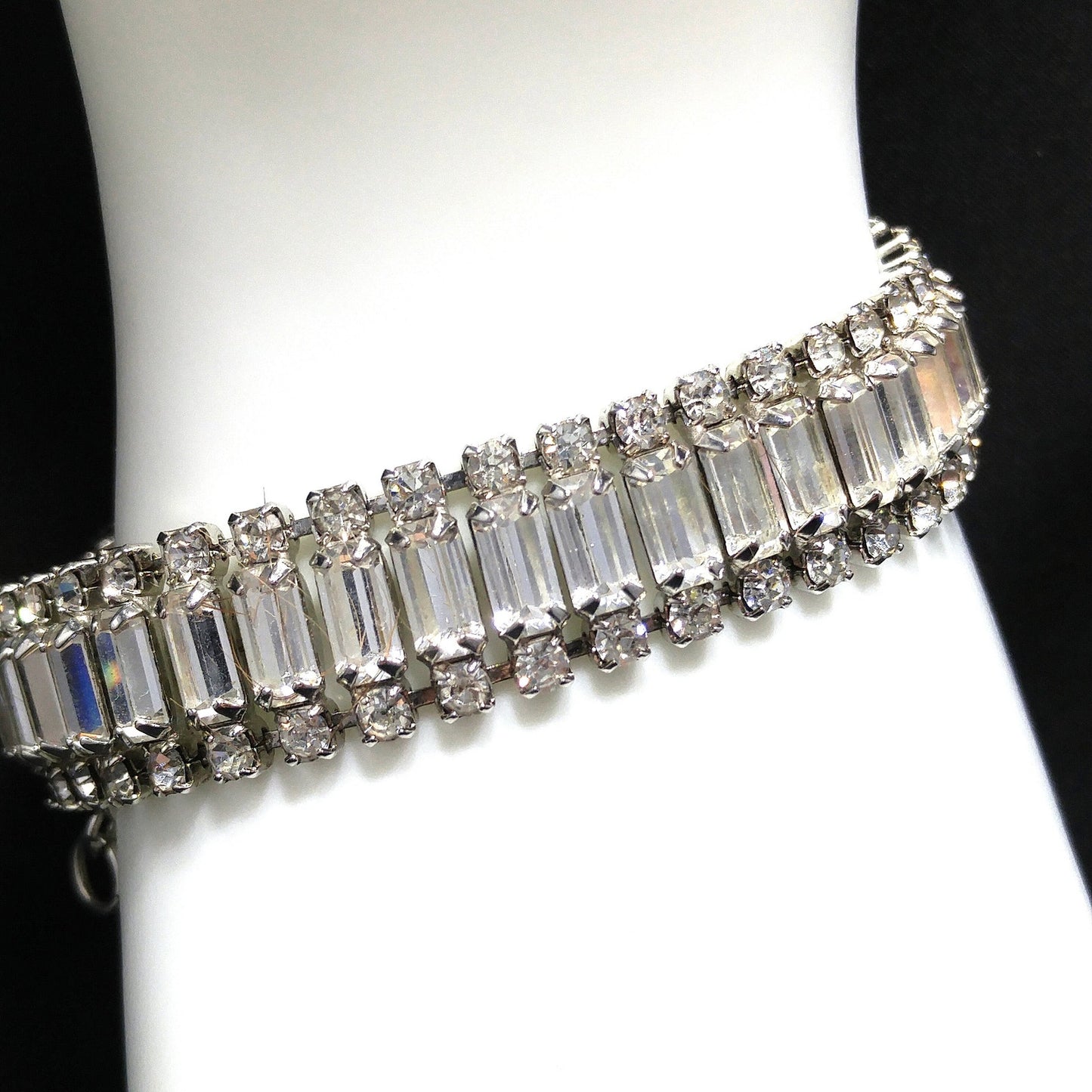 Weiss 1950s Clear Rhinestone Bracelet | Rhodium Plated Vintage Mid-Century Bridal Jewelry | Emerald-Cut Stones