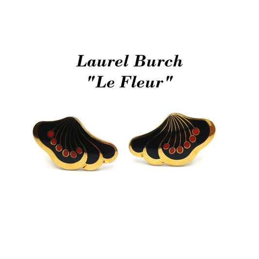 Laurel Burch "Le Fleur" Clip Earrings, Black Red Enamel, Gold Plated, 1980s