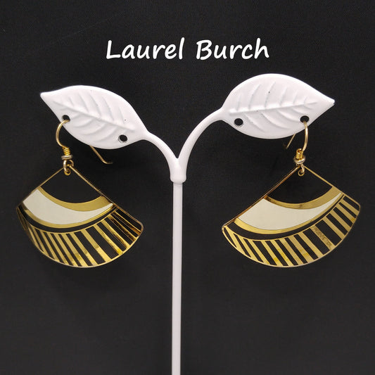 Laurel Burch Geometric Fan Earrings, Black White & Gold, 1980s Vintage Jewelry