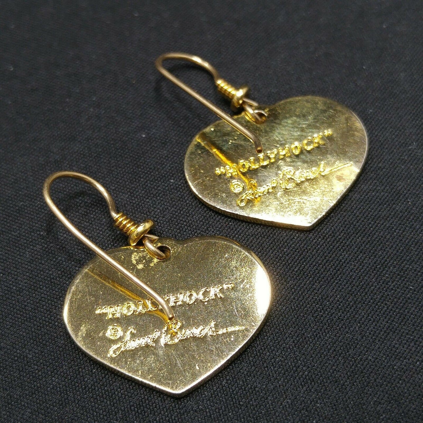 Laurel Burch Hollyhock Floral Earrings, Gold Plated Cloisonne, Enamel, 1980s