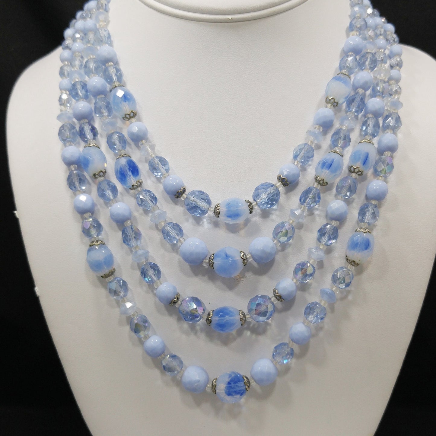 West Germany Blue Beaded Necklace & Bracelet, Art Glass Crystal Beads, 1950s Vintage Jewelry