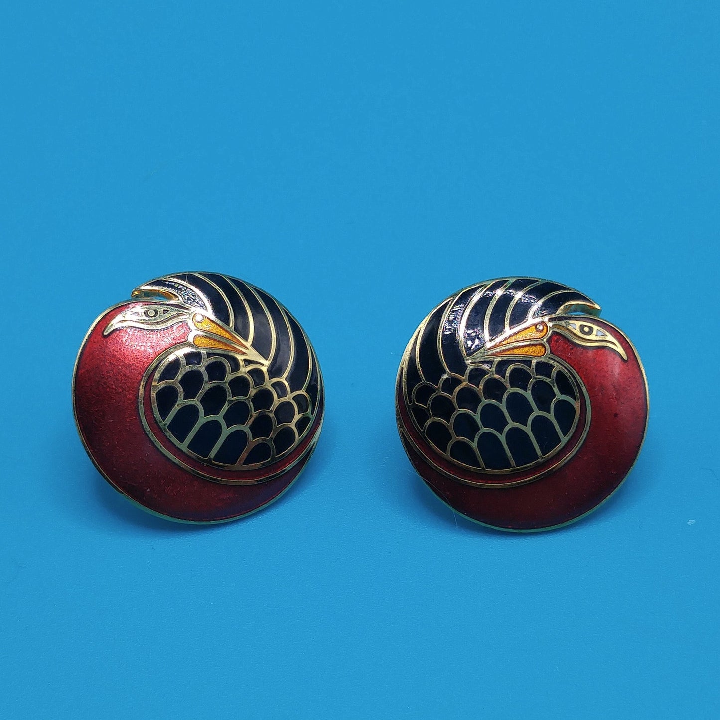 Vintage Laurel Burch "Mynah Bird" Post Earrings, Red Black Enamel, Gold Plated