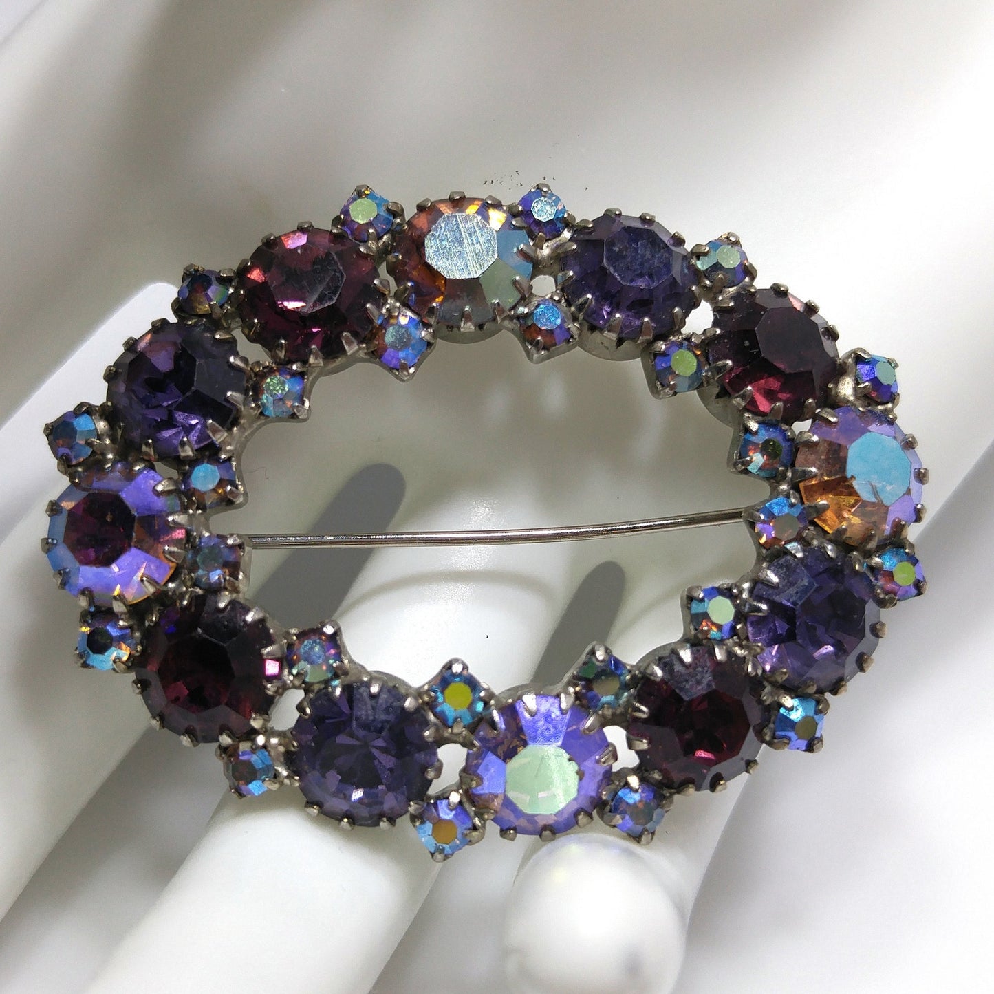 Oval Purple Aurora Borealis Lavender Rhinestone Brooch, Dog-toothed Prong Set, 1960s Vintage Jewelry