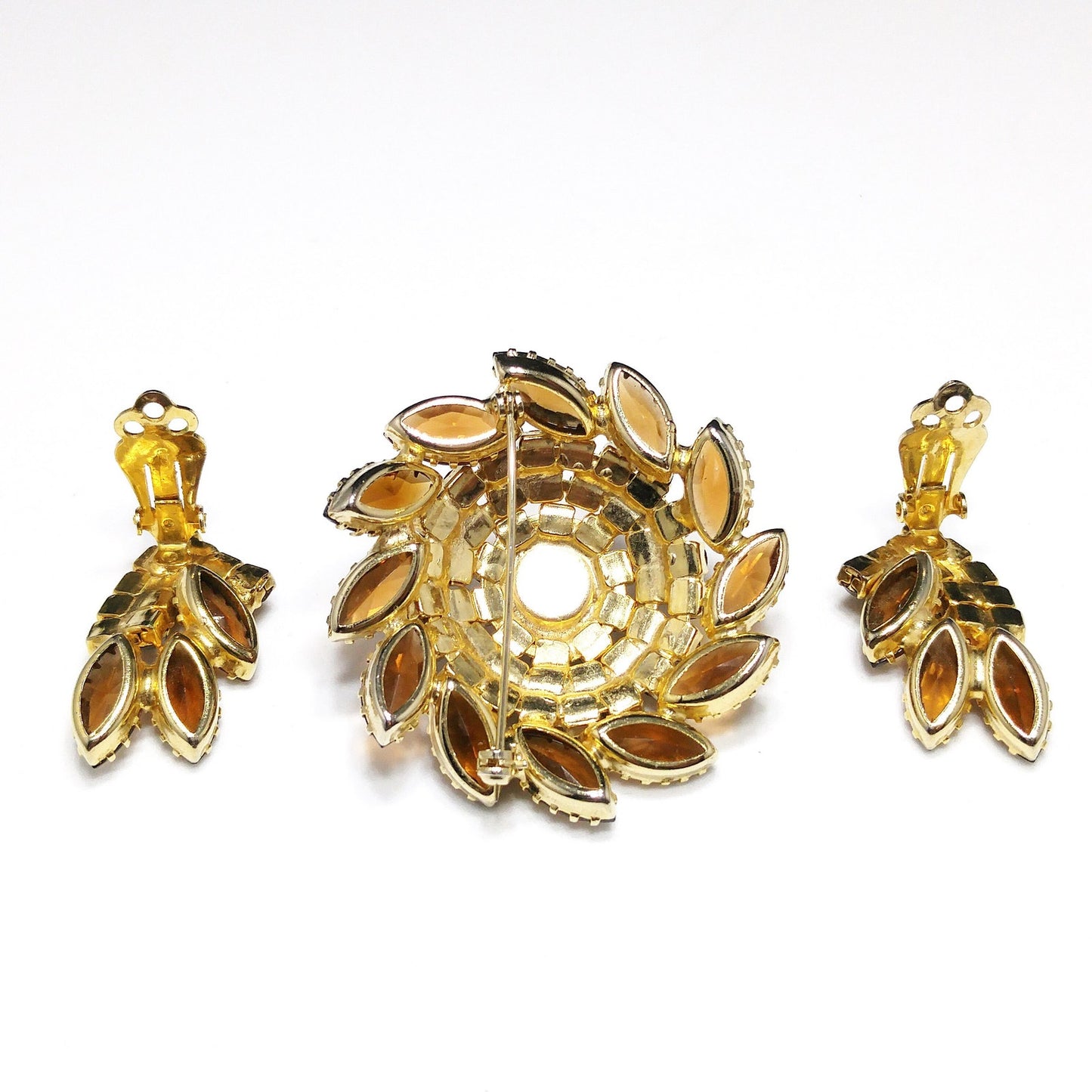 Domed Topaz Rhinestone Brooch & Earrings Set, Gold Plated, 1960s