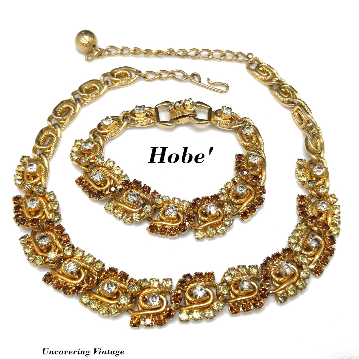 Hobe' Topaz Lt. Green Clear Rhinestone Necklace Bracelet Set, Gold Plated, 1960s Vintage Jewelry