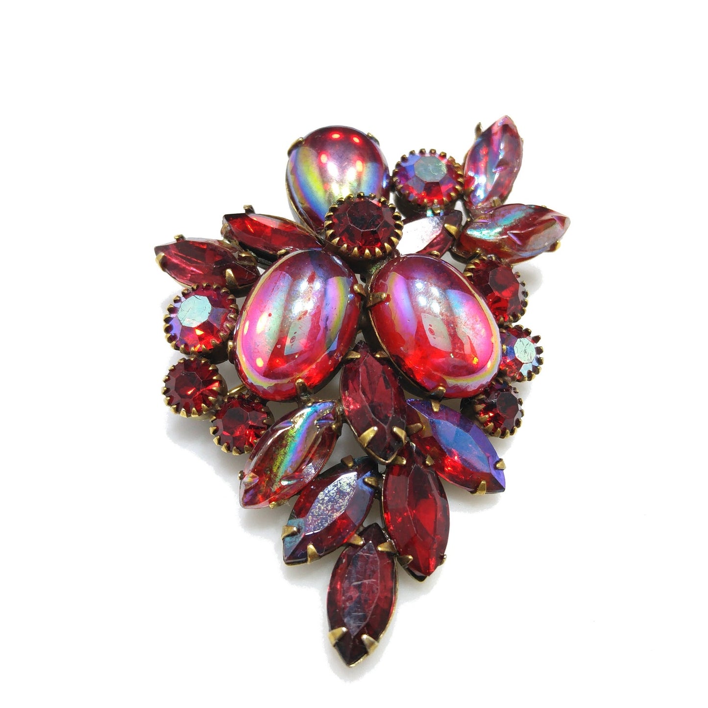 Kramer Red Iridescent Rhinestone Brooch, Aurora Borealis Rhinestones, 1960s Vintage Jewelry
