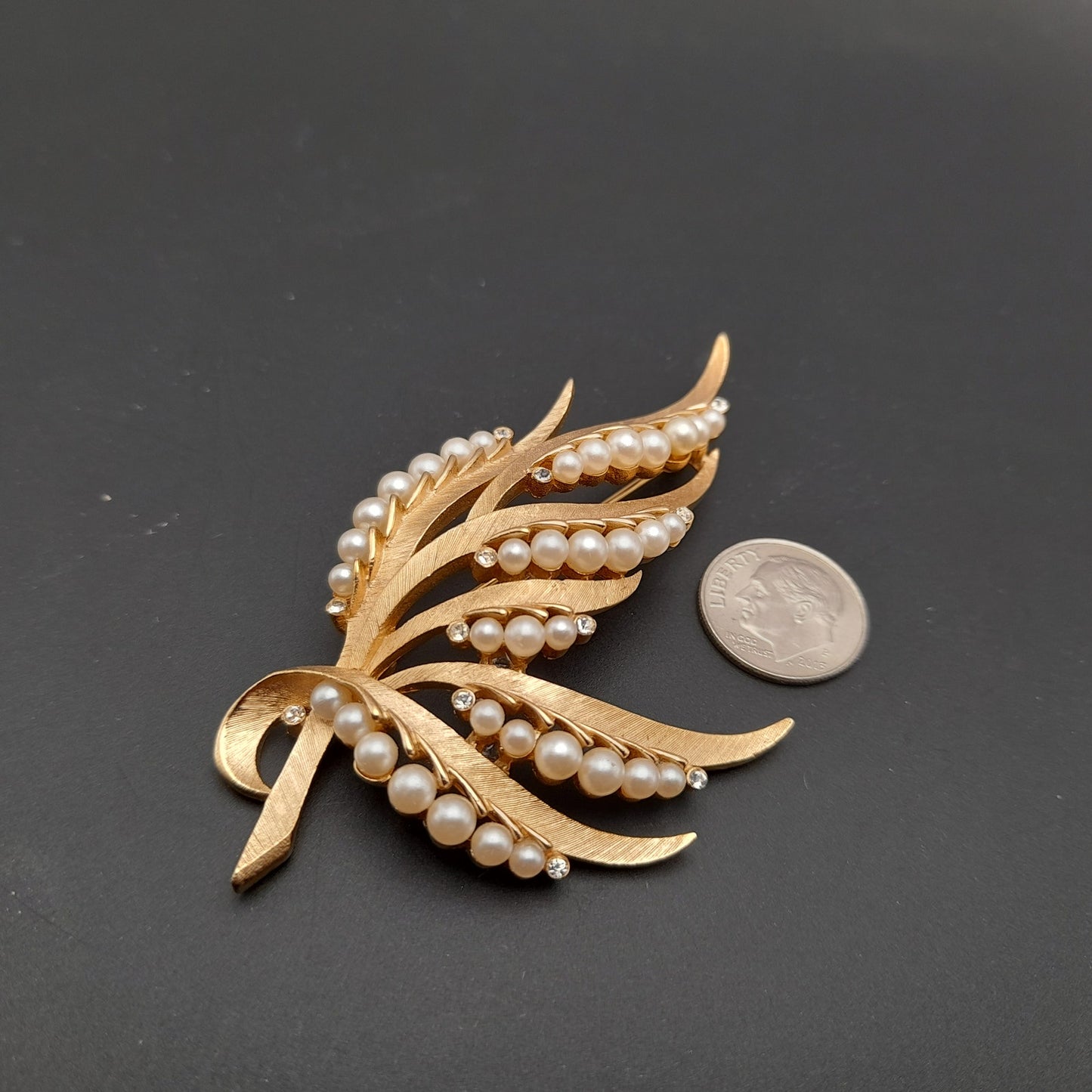Vintage Crown Trifari Brooch – Gold Plated Satin Finish with Faux Pearls & Rhinestones