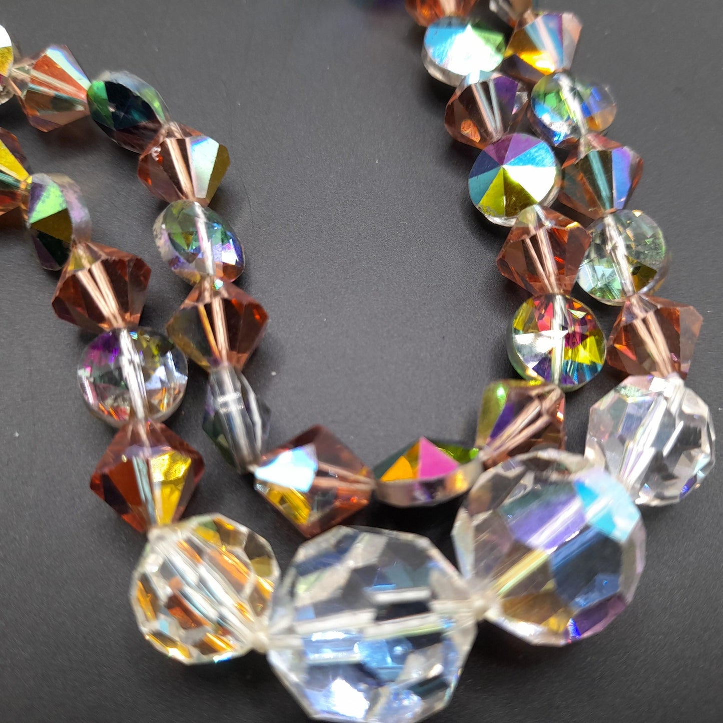 Vintage Crystal Bead Long Necklace, Asymmetrical Clear AB Topaz Crystals, 26"