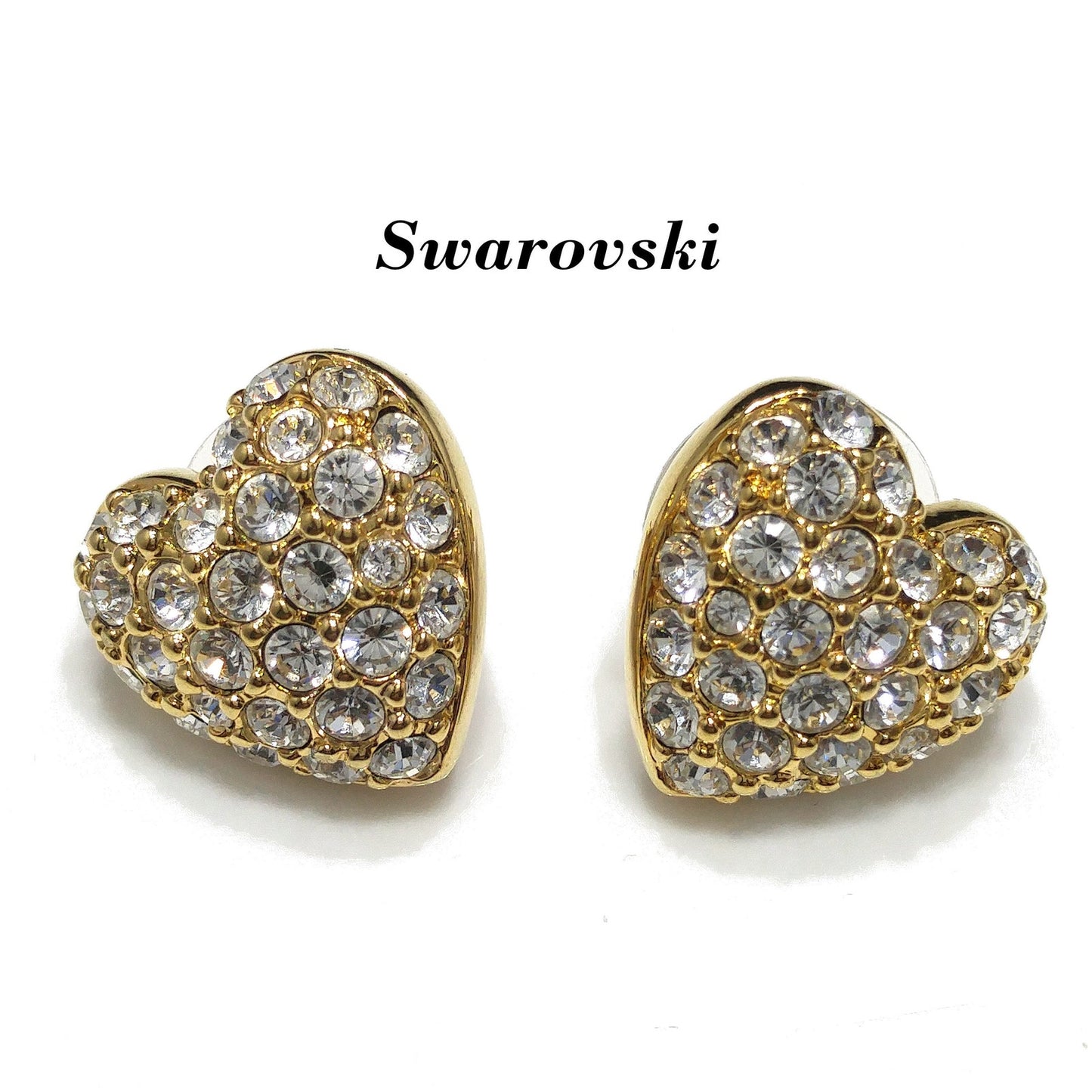 Vintage Swarovski Swan Logo Heart Earrings Clear Pave Rhinestones Gold 1980s