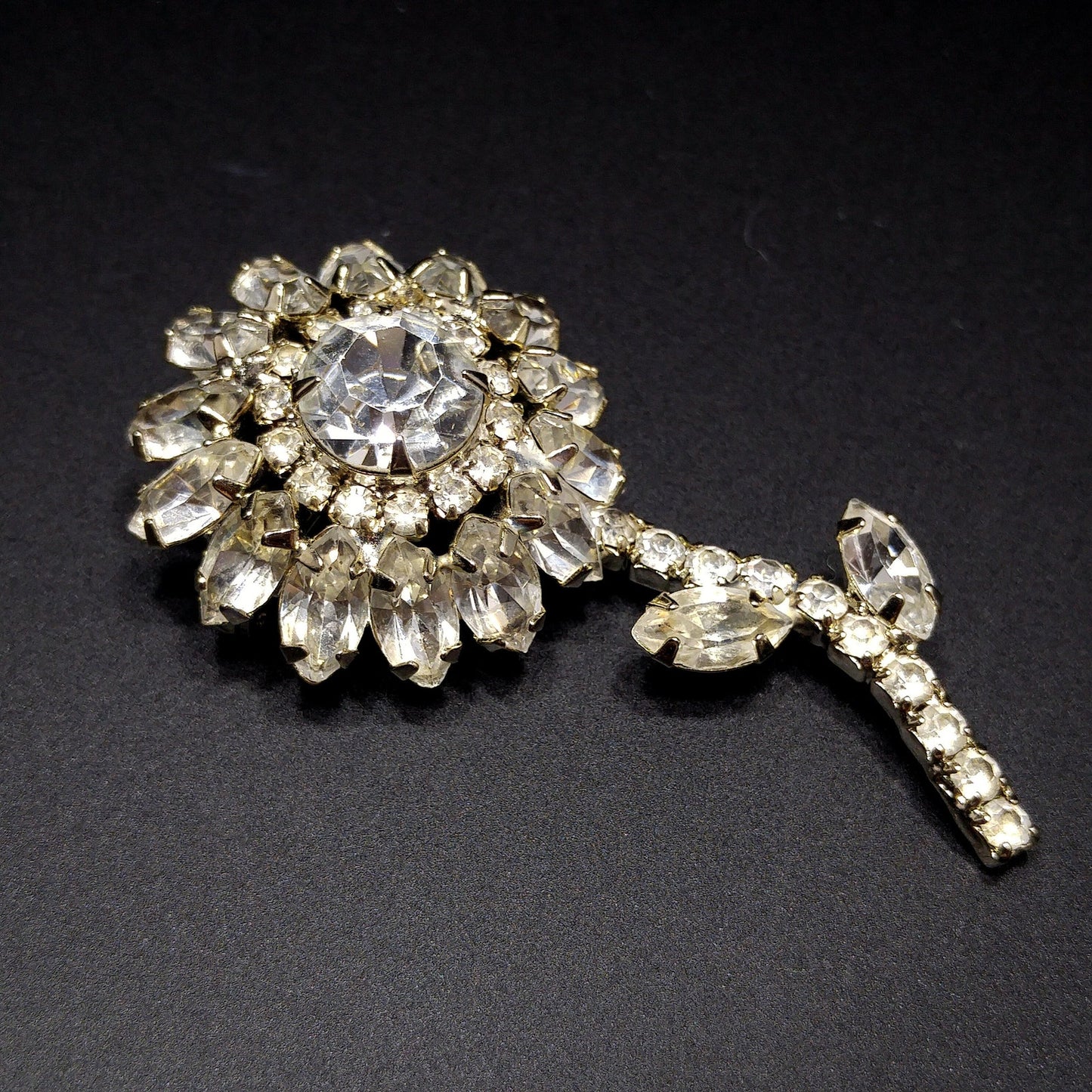 Clear Rhinestone Flower Brooch, Rhodium Plated, 1960s Vintage Jewelry