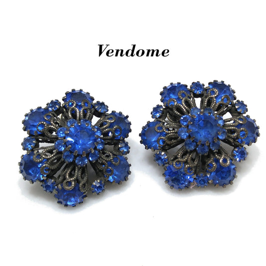 Vendome Blue Rhinestone Floral Clip Earrings, Antiqued Silver Tone, 1950s Vintage Jewelry