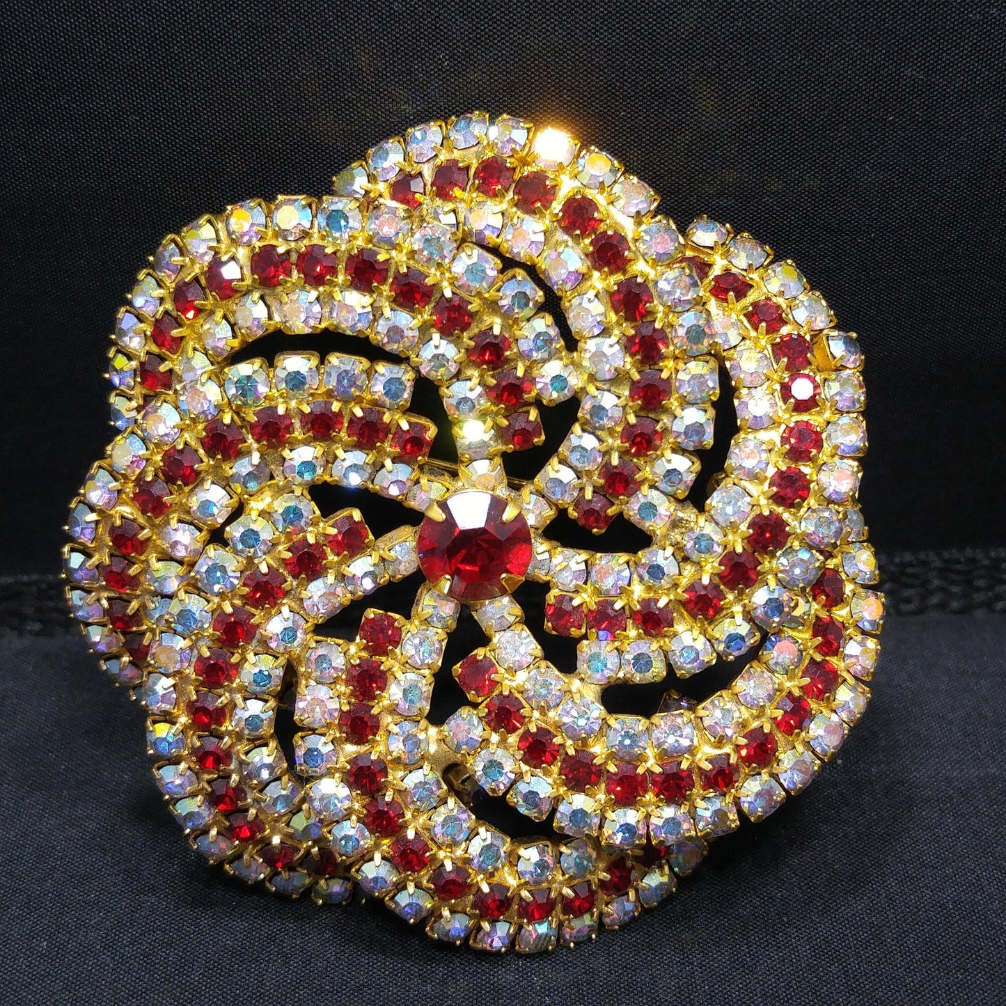 Vintage Pinwheel Rhinestones Brooch, AB Clear Red Rhinestones, Gold Plated, 1960s