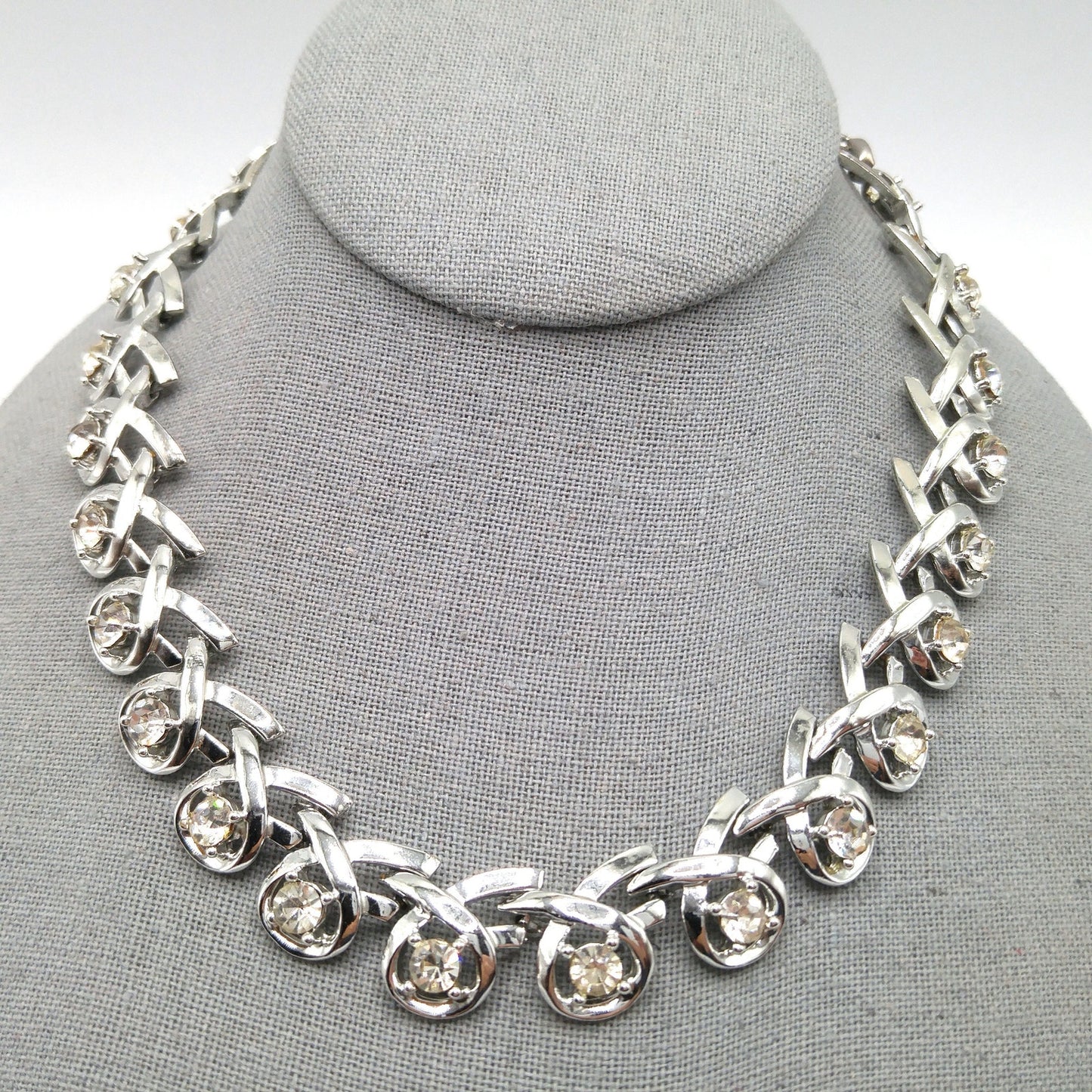 Clear Rhinestone Choker Necklace, Rhodium Plated, 1960s Vintage Jewelry