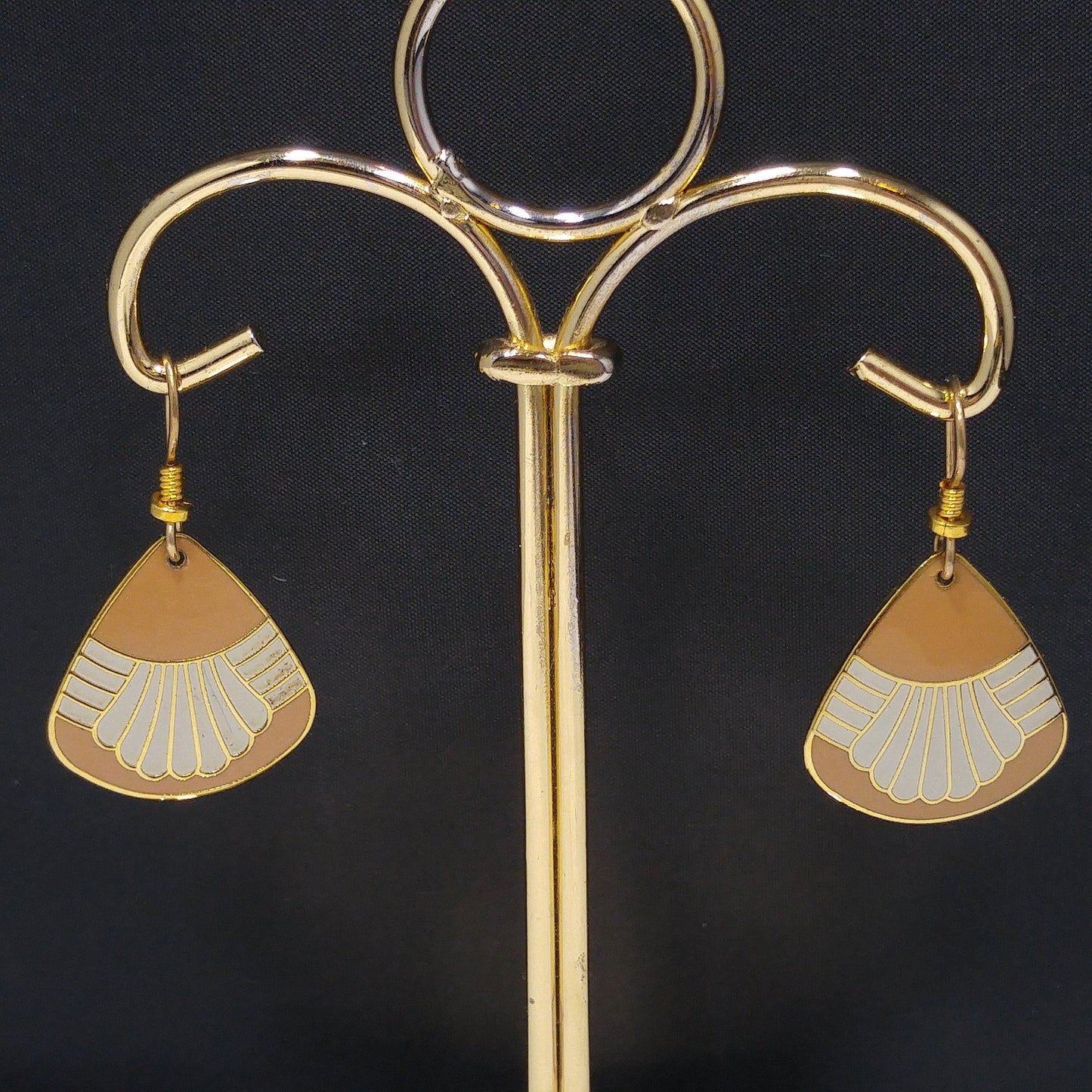 Vintage Laurel Burch Waterfall Earrings, Gold Plated, Beige & Gray Enamel