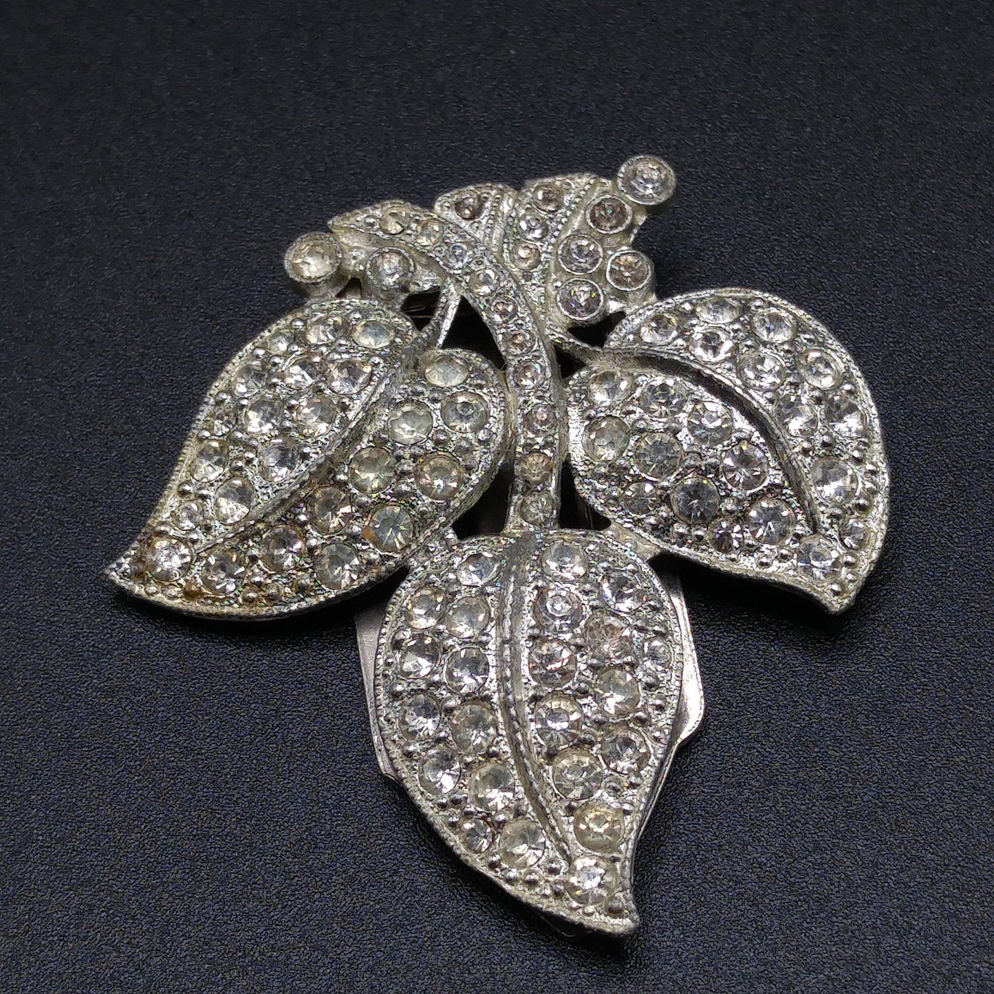 Leaves Clear Rhinestone Dress Clip, Pot Metal, 1930s Vintage Jewelry