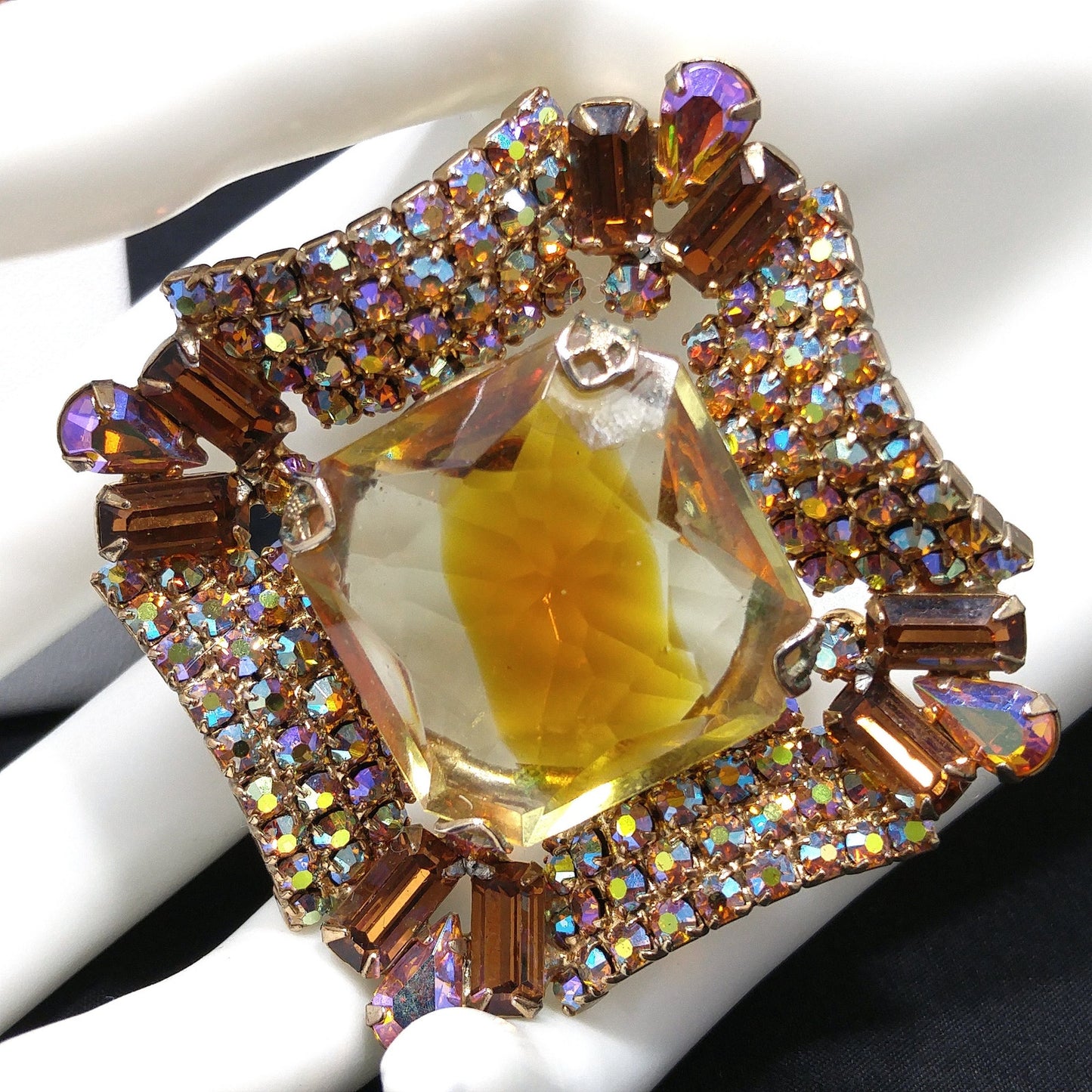 Mid-Century Modern Large Topaz Glass Brooch & Earrings, Gold Plated, 1960s Vintage Jewelry