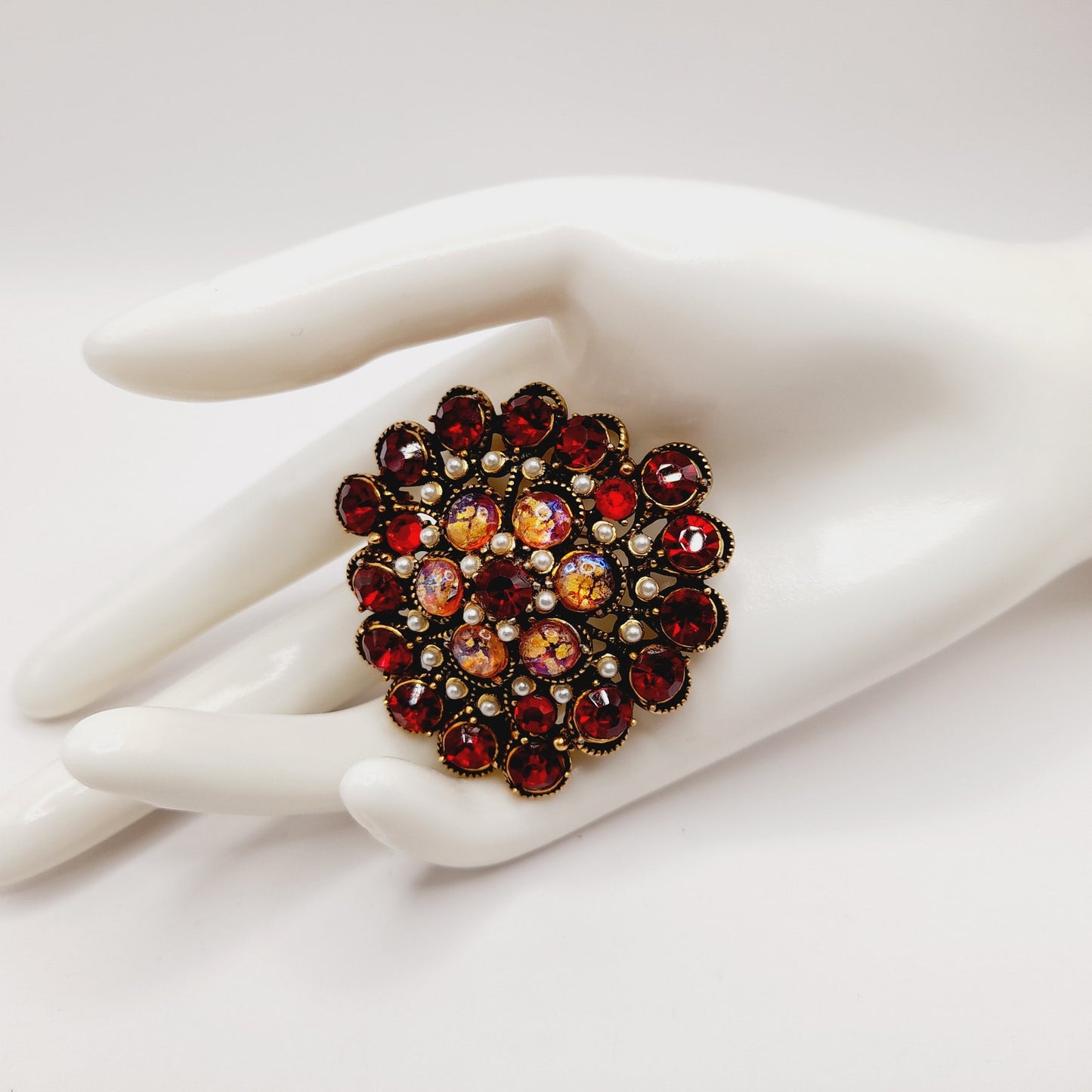 Hollycraft Vintage Red Rhinestone Cabochon Brooch, Faux Pearls, 1950s