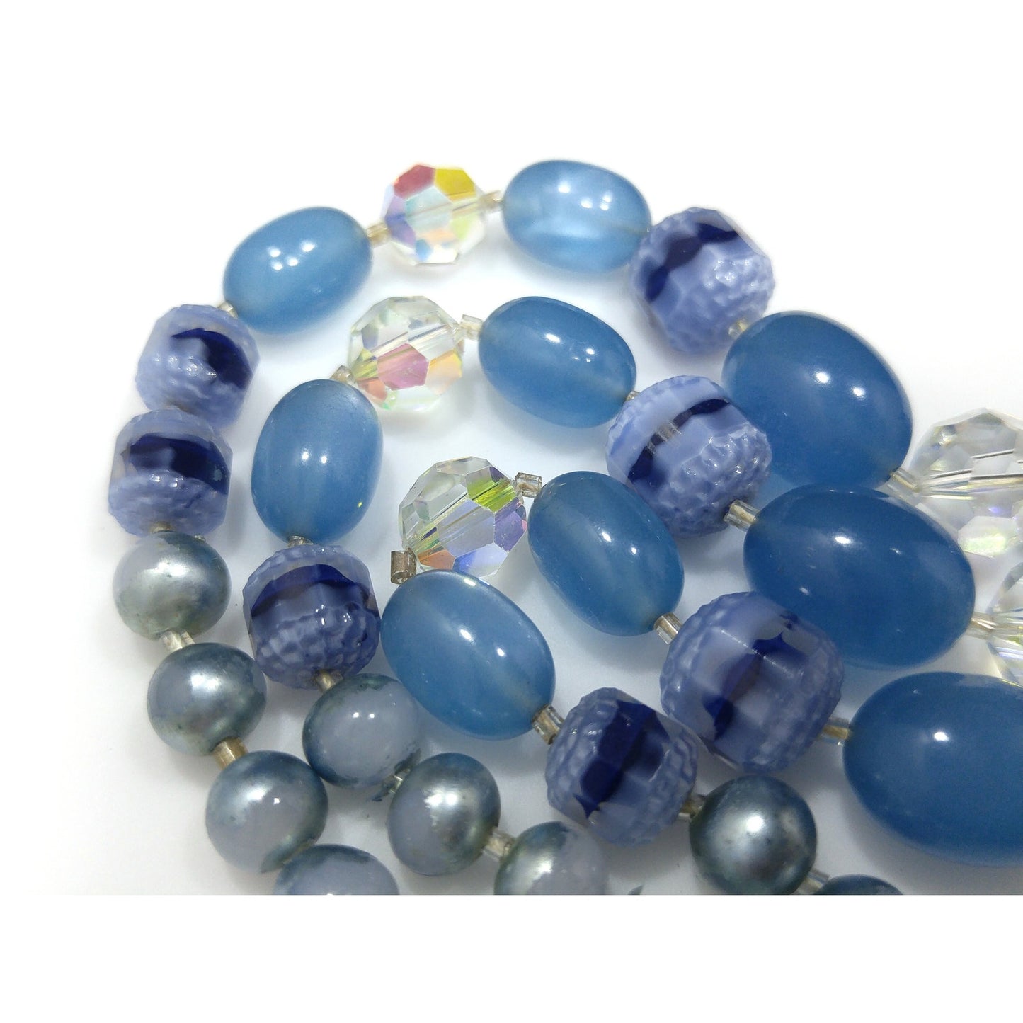 Blue Moonglow Crystal Art Glass Beaded Necklace, Three Strands, Crystal Clasp, 1950s Vintage Jewelry